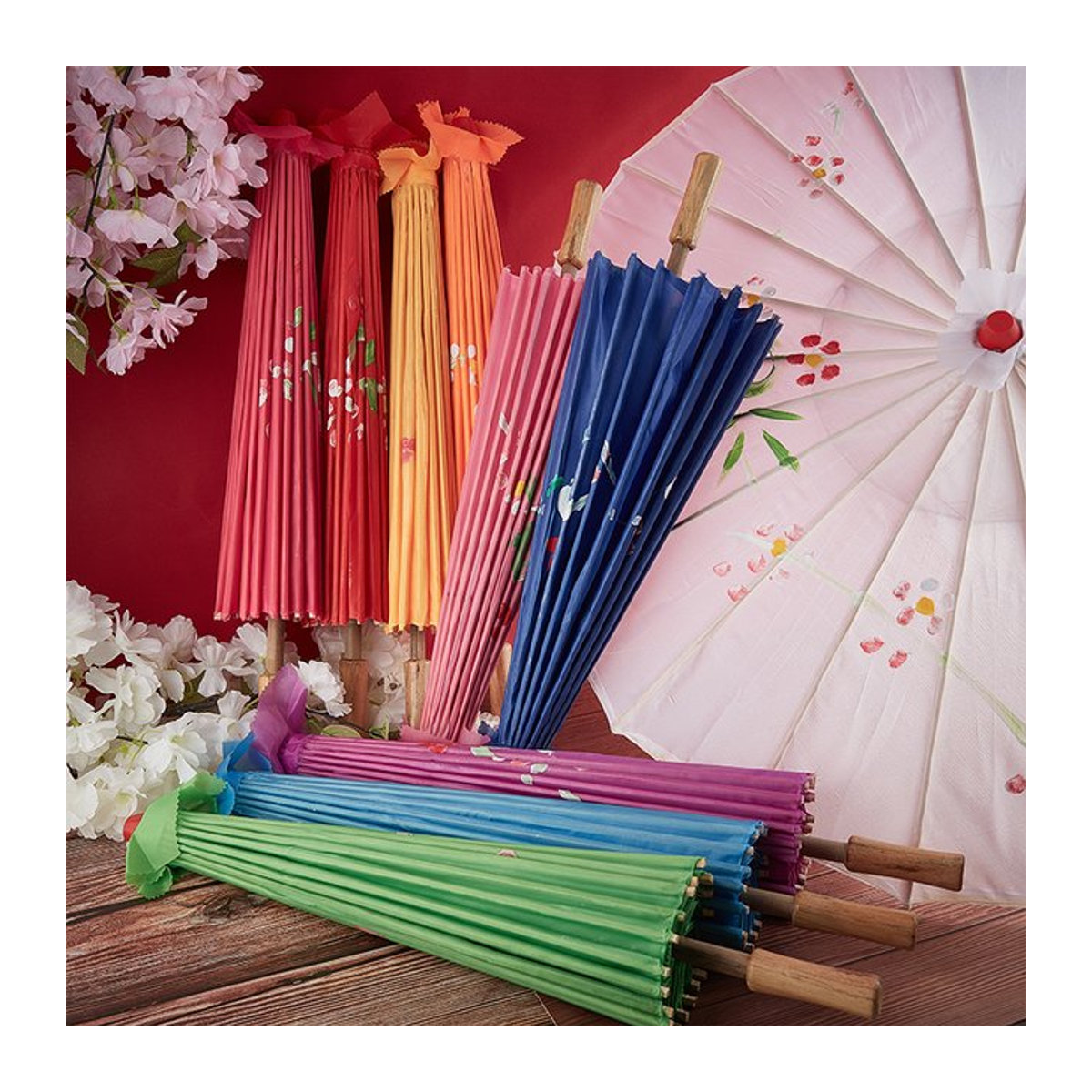 JETTING Dekorativer Japanischer Regenschirm mit Kirschblüten-Design aus Seidenstoff und Ölpapier, Weiß/Mehrfarbig, Durchmesser: 82-84 cm - Bild 1