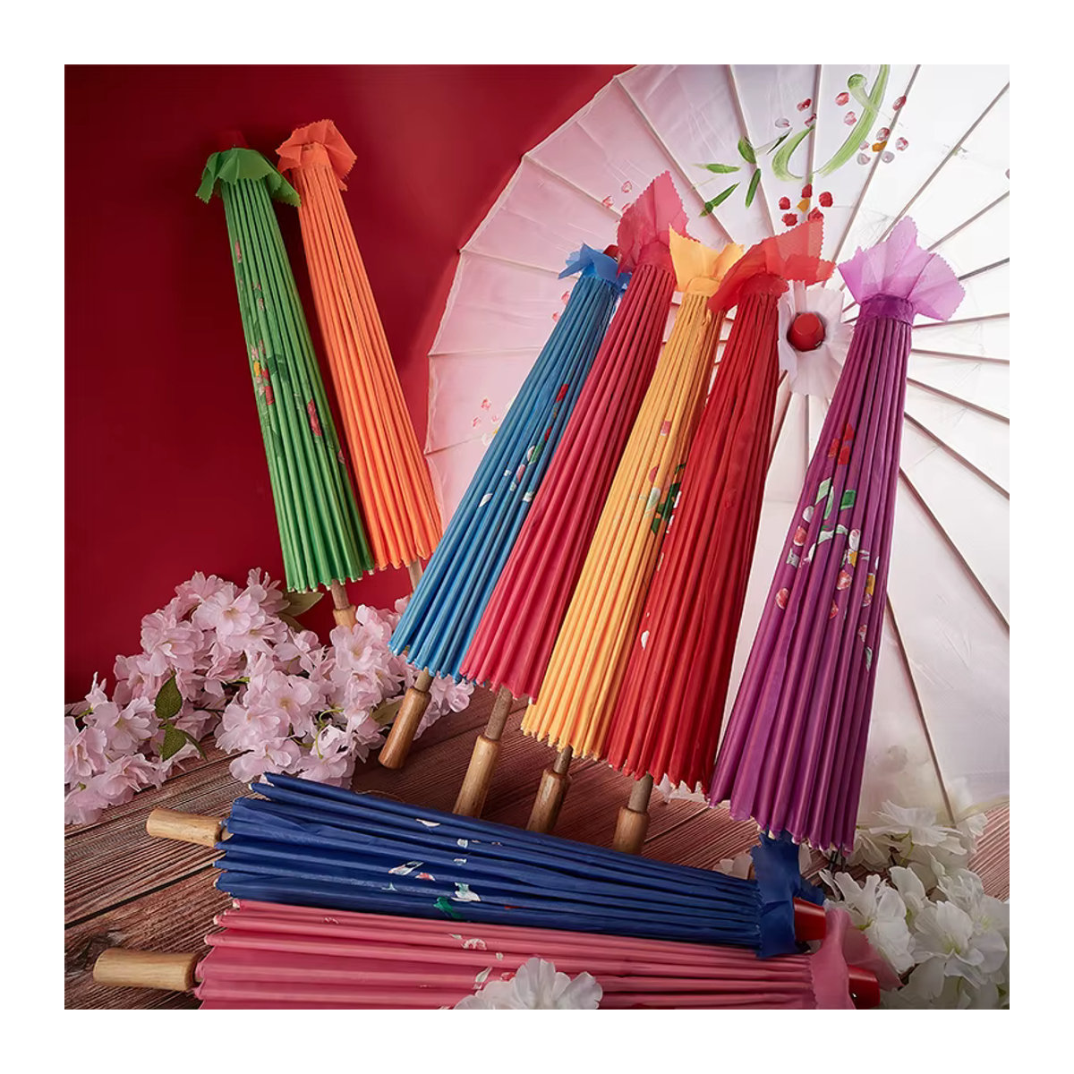 JETTING Dekorativer Japanischer Regenschirm mit Kirschblüten-Design aus Seidenstoff und Ölpapier, Weiß/Mehrfarbig, Durchmesser: 82-84 cm - Bild 3