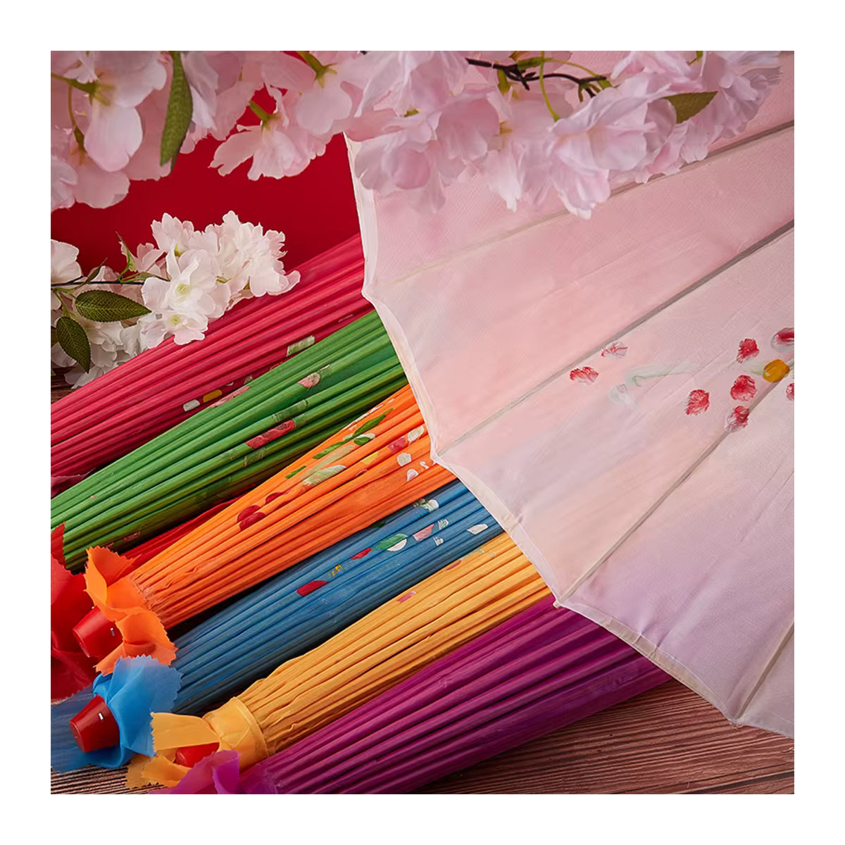 JETTING Dekorativer Japanischer Regenschirm mit Kirschblüten-Design aus Seidenstoff und Ölpapier, Weiß/Mehrfarbig, Durchmesser: 82-84 cm - Bild 4