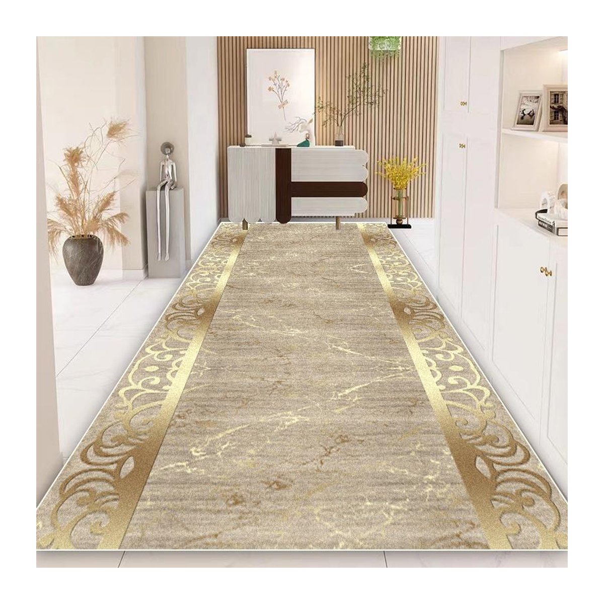 JGJG Luxus Flur Teppich in Gold, Europäischer Stil, Rutschfester Hallenläufer und Treppenläufer, Waschbar, B: 90 cm, L: 300 cm - Bild 1