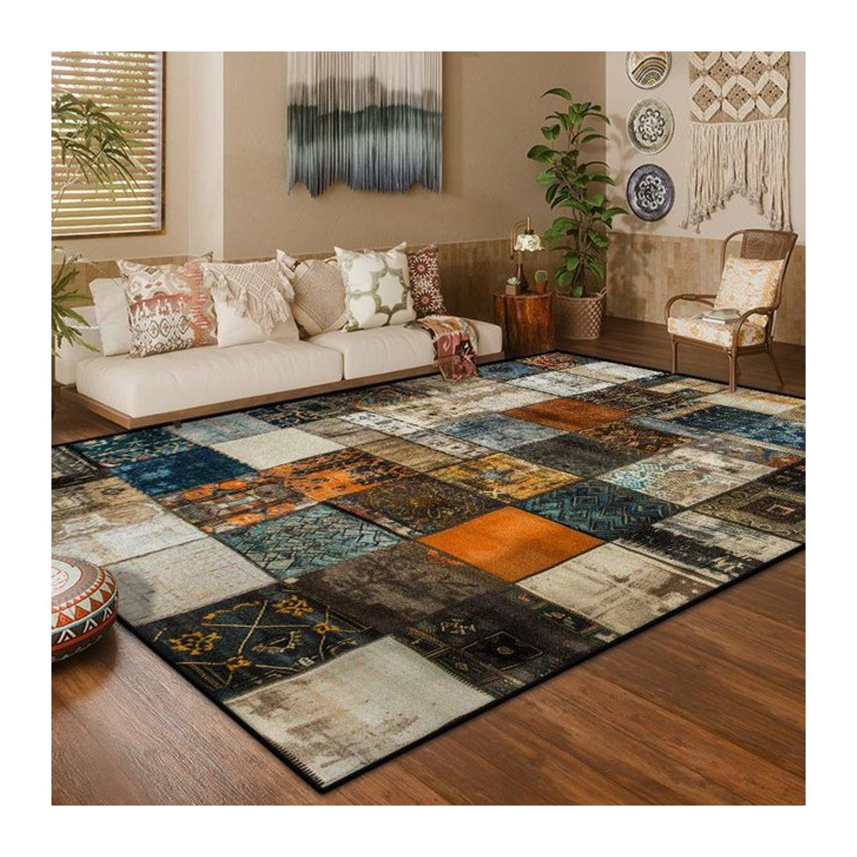 JGJG Wohnzimmerteppich im Amerika Stil mit Retro Geometrischem Boho Design, Waschbar und Rutschfest, Multicolor, B/T: 90 x 60 cm - Bild 1