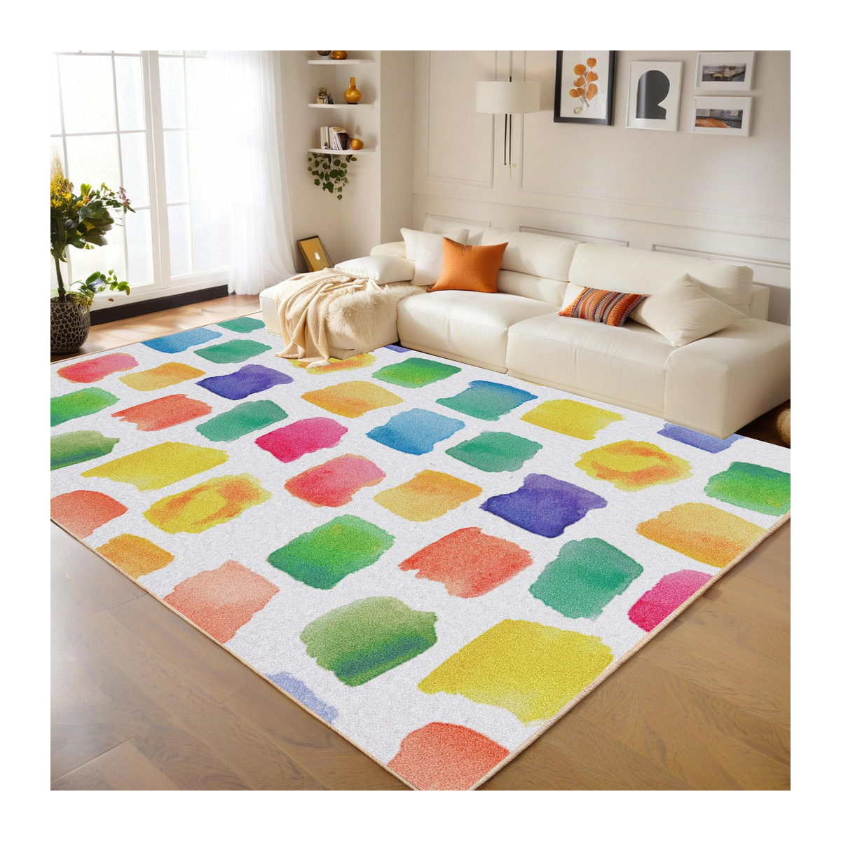 JGJG Wohnzimmerteppich im Dopamin-Creme-Stil, Regenbogenfarbener Schlingenvelours Teppich, Wasserdicht, B: 120 cm, T: 160 cm - Bild 1