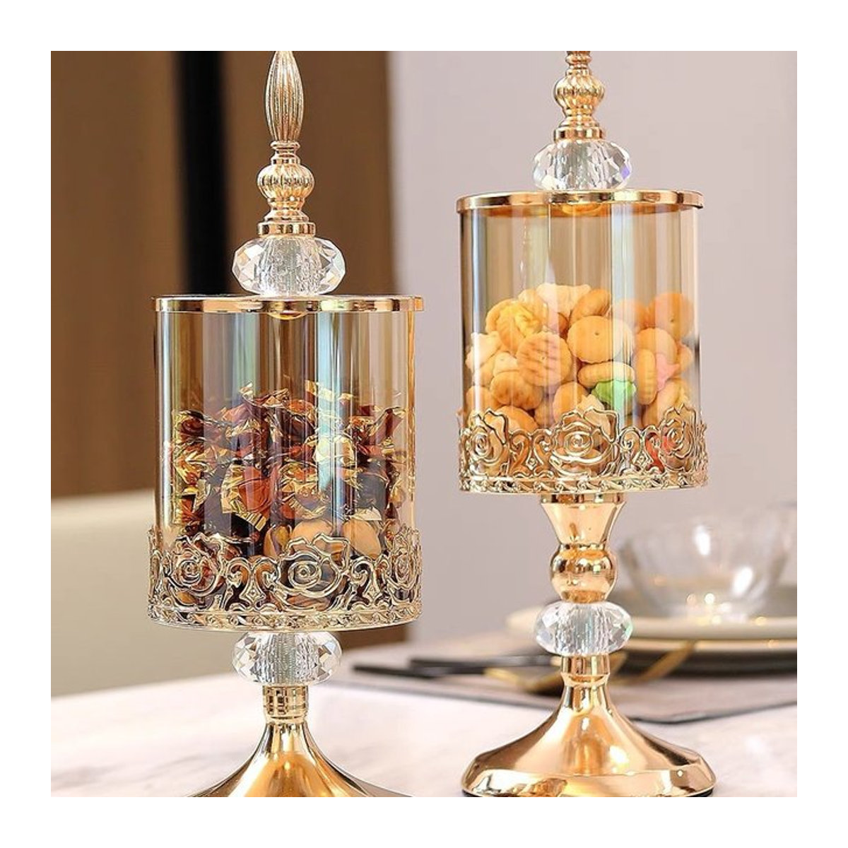 Jiahomily Kristallglas Aufbewahrungsdose mit Deckel in Gold und floralem Design für Wohnzimmer und Couchtisch - Bild 1