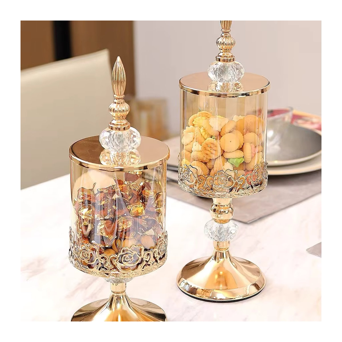 Jiahomily Kristallglas Aufbewahrungsdose mit Deckel in Gold und floralem Design für Wohnzimmer und Couchtisch - Bild 3