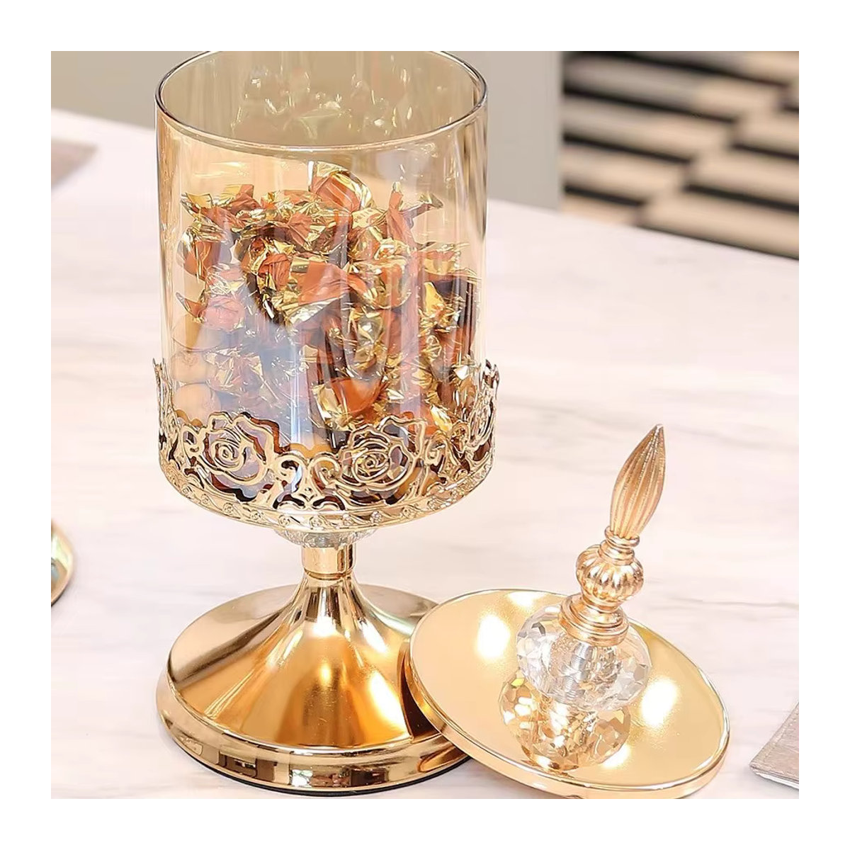Jiahomily Kristallglas Aufbewahrungsdose mit Deckel in Gold und floralem Design für Wohnzimmer und Couchtisch - Bild 4
