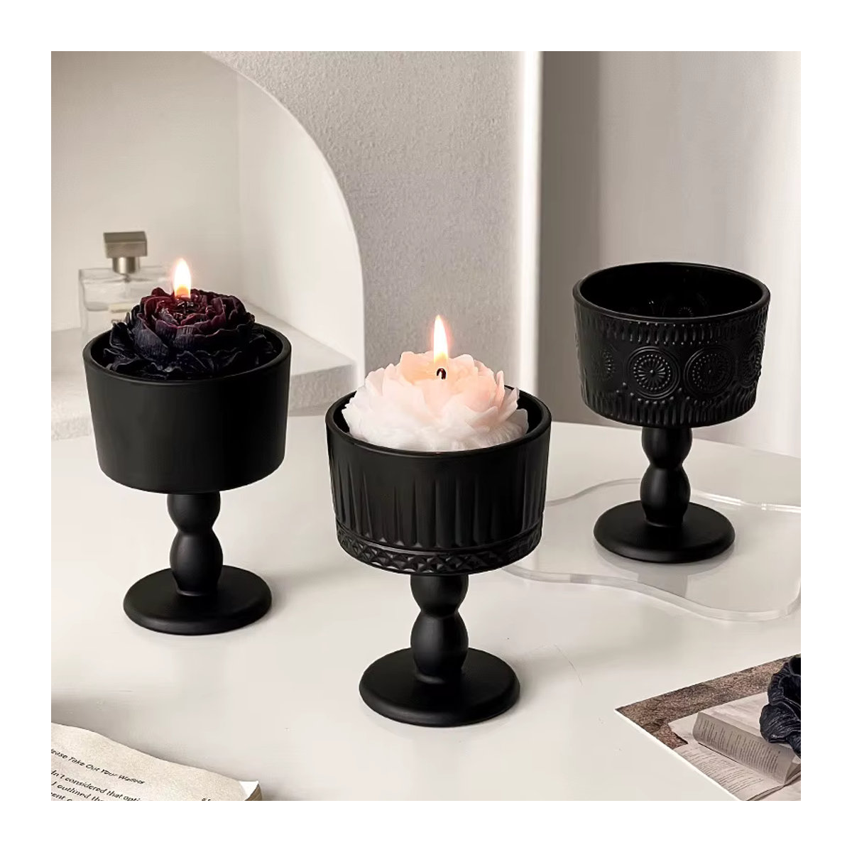 Jiahomily Retro Kerzenhalter in Schwarz aus Keramik und Glas für Teelichter im Vintage-Design - Bild 3