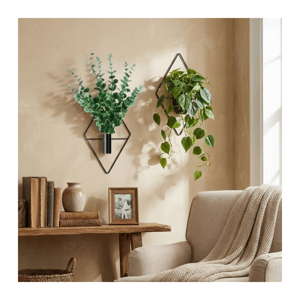 Jiameicheng 2er Set Hängende Blumenvase in Schwarz aus Metall mit geometrischem Rauten-Design für Schnittblumen und Trockenblumen - Bild 3