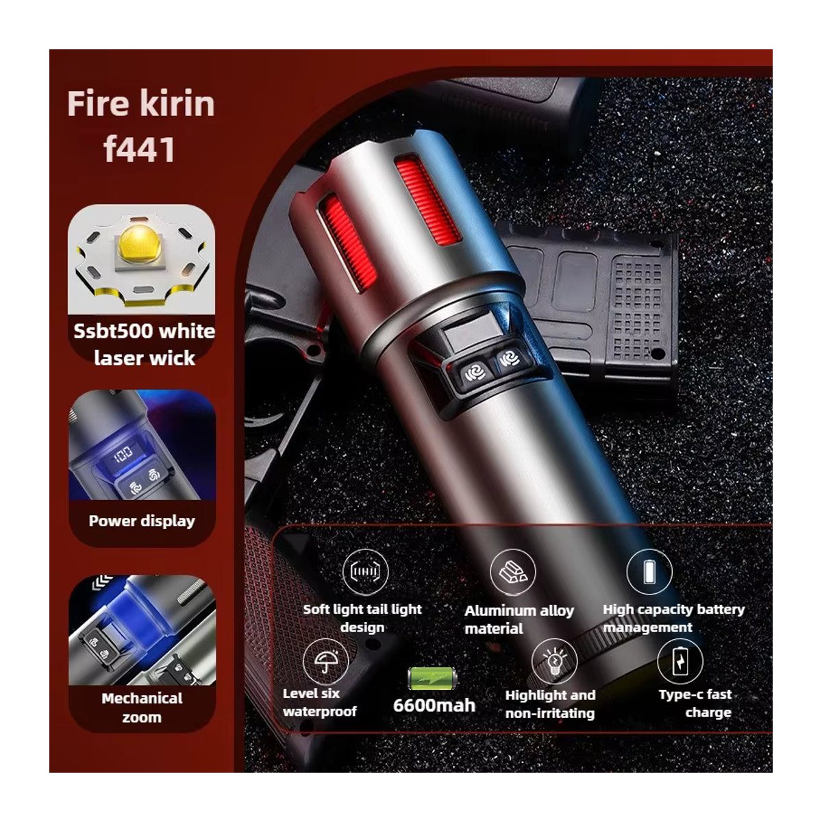 JIASHUAIXIN Hochleistungs-Taschenlampe aus Aluminiumlegierung mit 6600 mAh, weiße Laser-LED mit großer Reichweite und einstellbarem Fokus - Bild 4