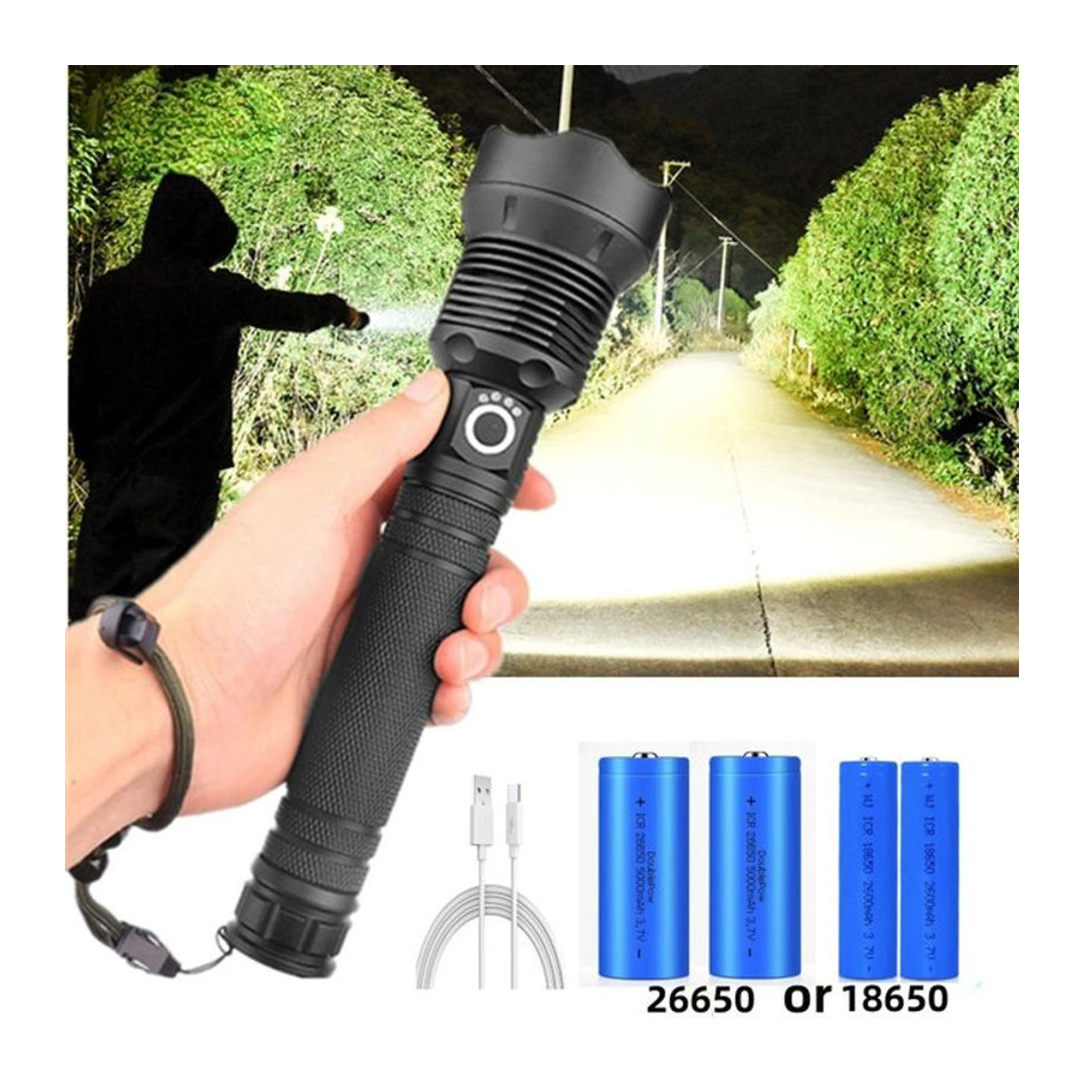 JIASHUAIXIN Taktische LED Taschenlampe mit Zoom und USB-Ladefunktion, leistungsstarke xhp70.2 wiederaufladbare Camp Lampe für 18650 oder 26650 Batterien - Bild 1