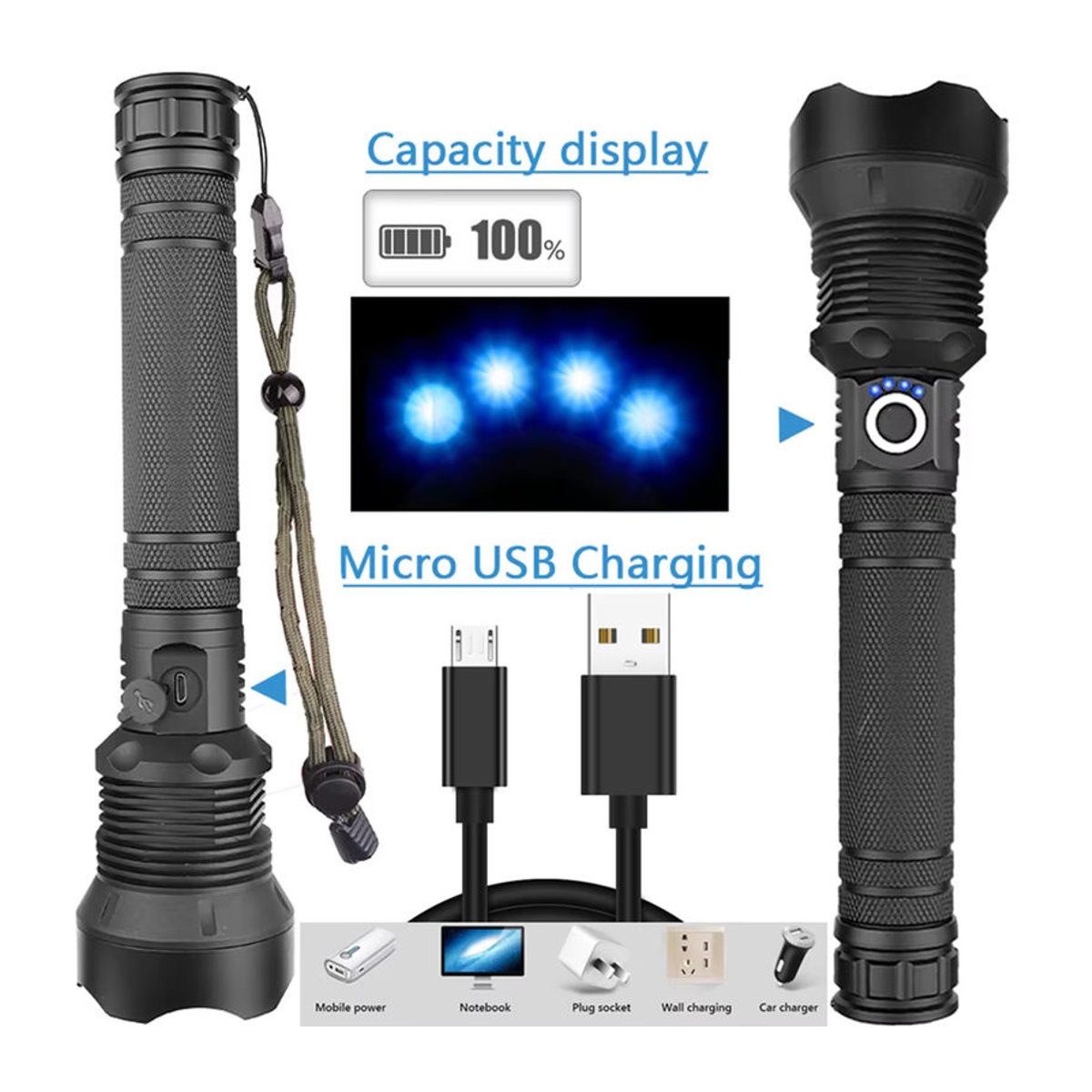 JIASHUAIXIN Taktische LED Taschenlampe mit Zoom und USB-Ladefunktion, leistungsstarke xhp70.2 wiederaufladbare Camp Lampe für 18650 oder 26650 Batterien - Bild 3