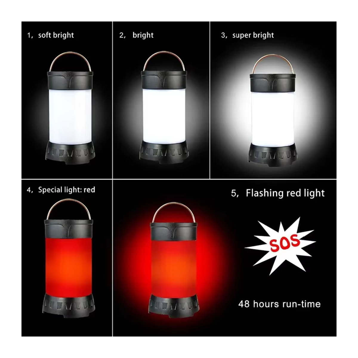 JIASHUAIXIN Tragbare Campinglaterne in Weiß und Rot mit 5 Helligkeitsstufen, magnetisch und wiederaufladbar via USB, inklusive 18650-Batterie - Bild 2