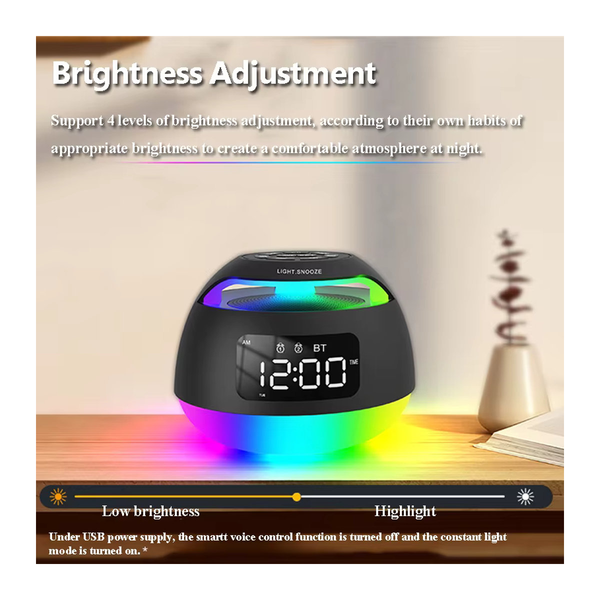 JINSERTA Tragbare LED-Uhr mit FM-Radio und RGB-Licht, Bluetooth-Lautsprecher mit Dual-Wecker, Schwarz - Bild 2