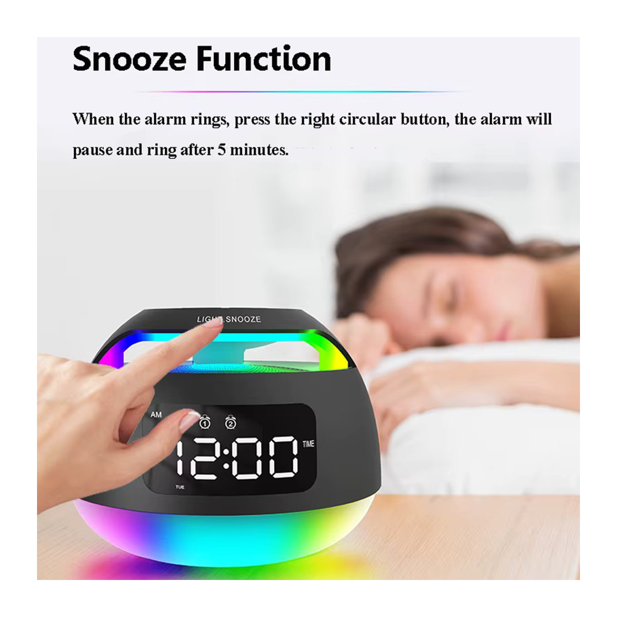 JINSERTA Tragbare LED-Uhr mit FM-Radio und RGB-Licht, Bluetooth-Lautsprecher mit Dual-Wecker, Schwarz - Bild 3