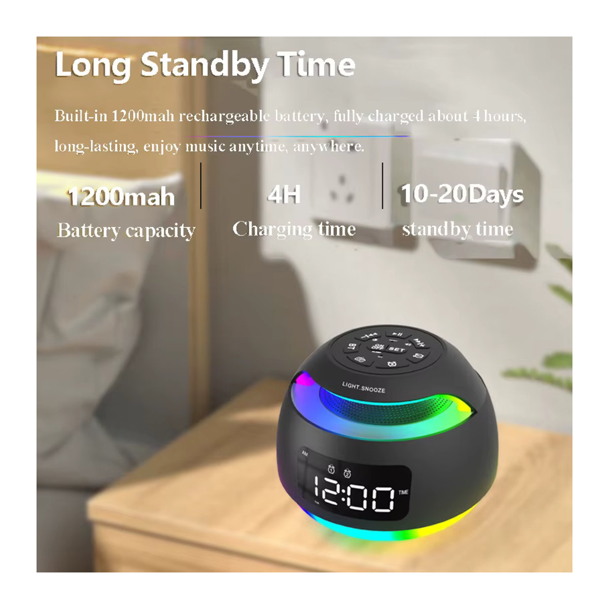 JINSERTA Tragbare LED-Uhr mit FM-Radio und RGB-Licht, Bluetooth-Lautsprecher mit Dual-Wecker, Schwarz - Bild 4