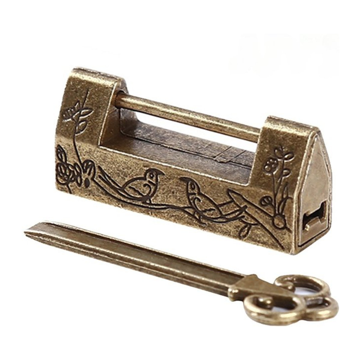 JJYY Vintage Antikes Chinesisches Vorhängeschloss in Gold und Messing mit floralem Design für Schmuckkästen, Koffer und Schränke - Bild 1