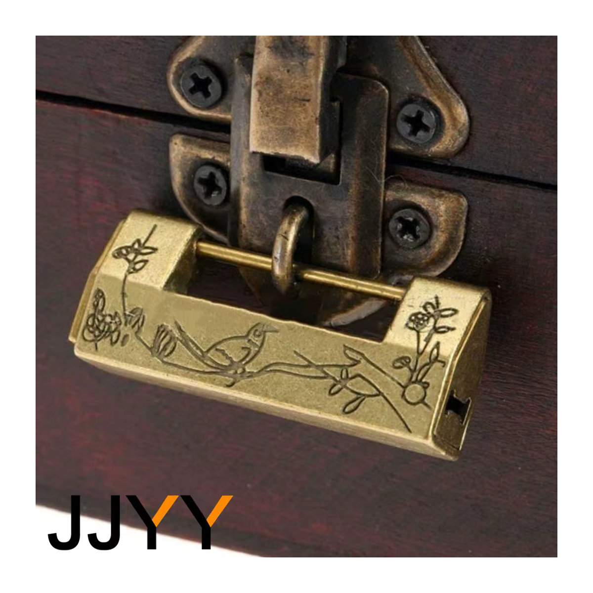 JJYY Vintage Antikes Chinesisches Vorhängeschloss in Gold und Messing mit floralem Design für Schmuckkästen, Koffer und Schränke - Bild 2