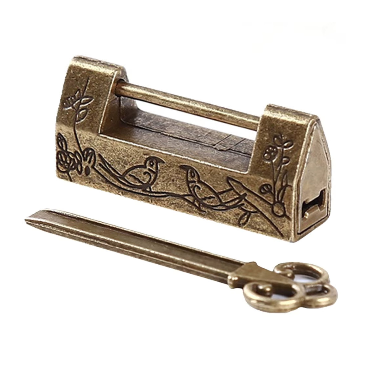 JJYY Vintage Antikes Chinesisches Vorhängeschloss in Gold und Messing mit floralem Design für Schmuckkästen, Koffer und Schränke - Bild 4