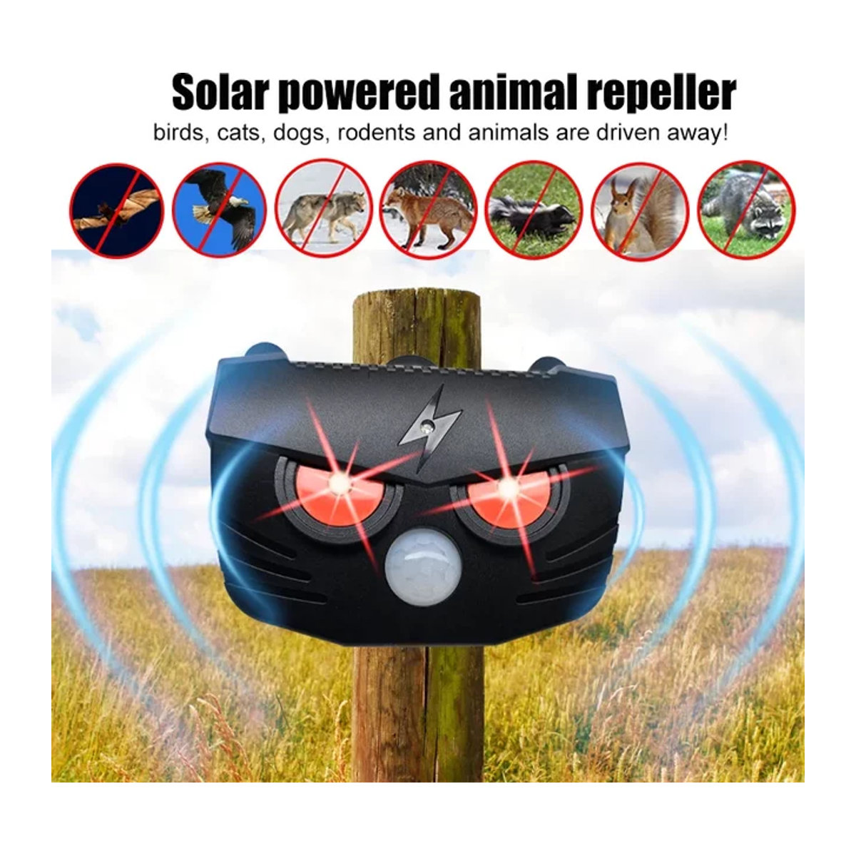 JKUOO Solar-Tiervertreiber in Eulenform mit Ultraschall, Bewegungssensor und LED-Blitz für den Außenbereich - Bild 1