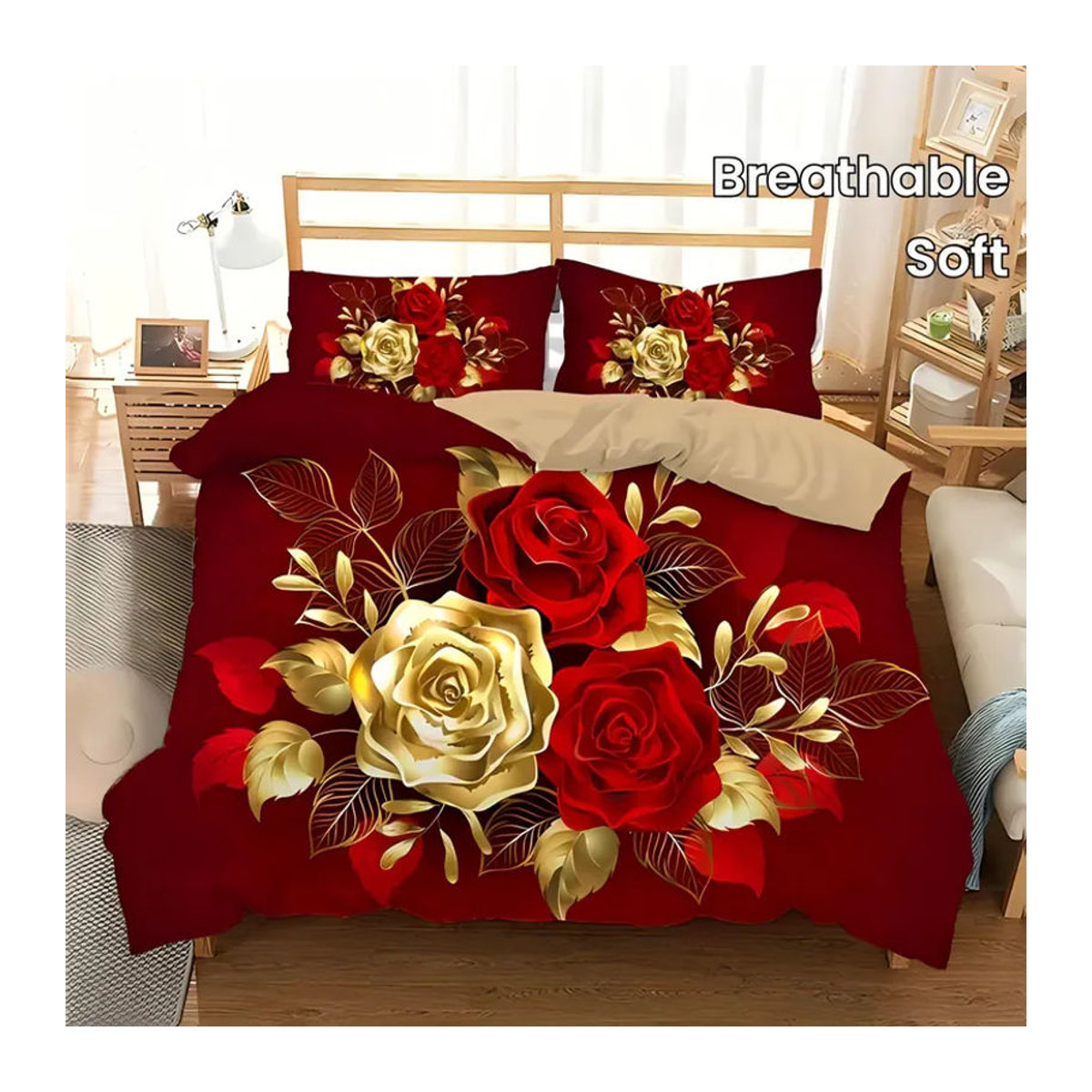 JMG Household Supplies Bettwäsche-Set mit floralem Rosenmuster in Gold, Bettbezug und Kissenbezug mit Reißverschluss, B/T/H: 135 x 200 cm - Bild 4