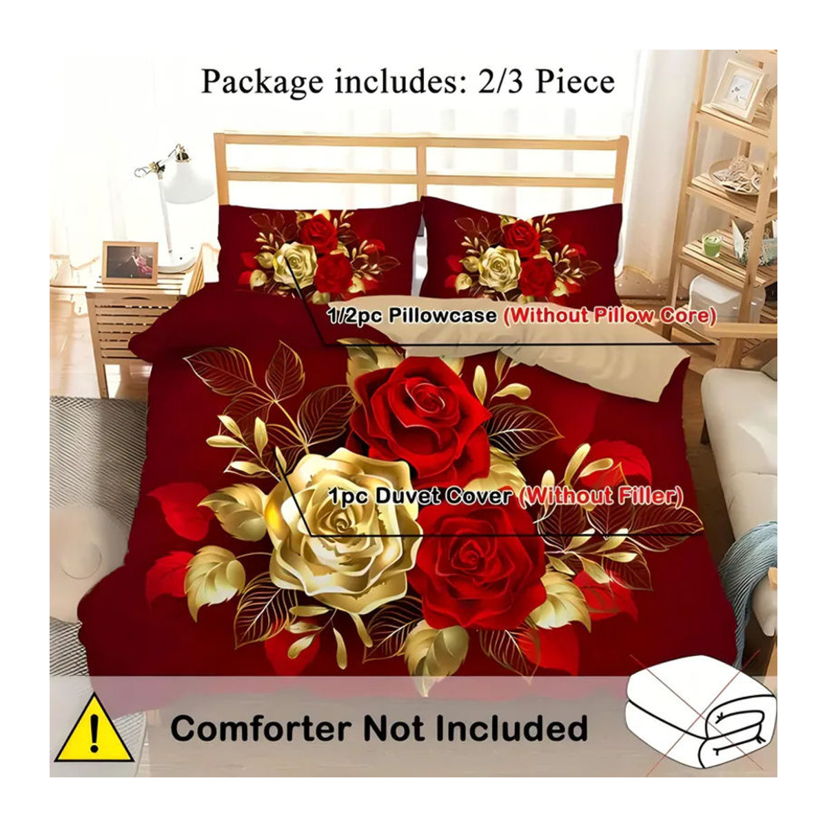 JMG Household Supplies Bettwäsche-Set mit floralem Rosenmuster in Gold, Bettbezug und Kissenbezug mit Reißverschluss, B/T/H: 135 x 200 cm - Bild 5