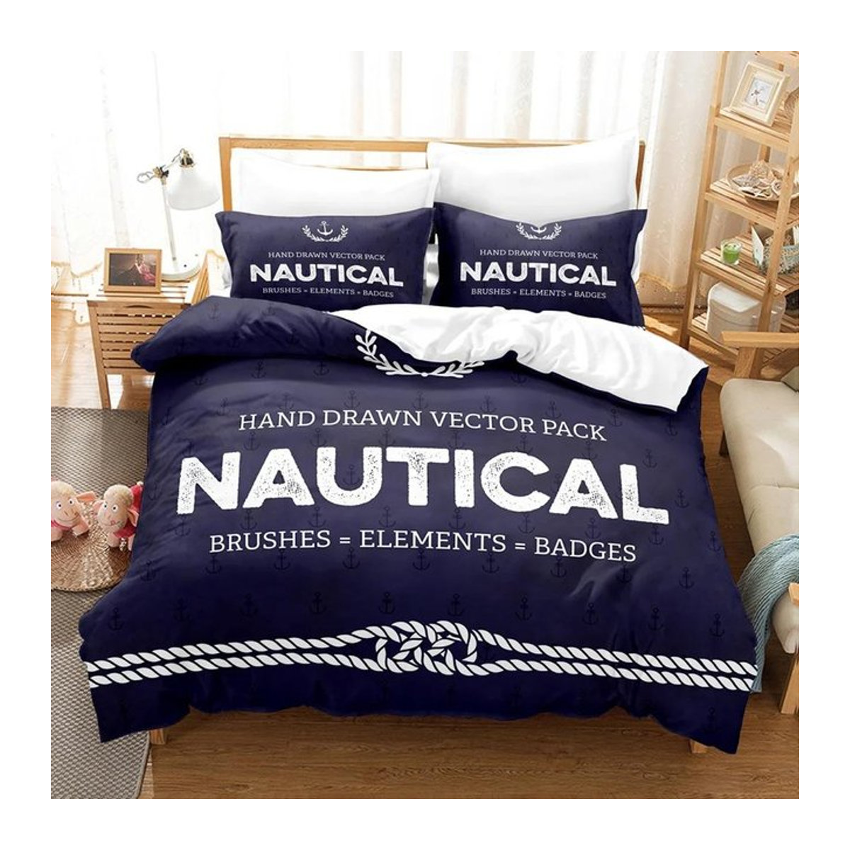 JMG Household Supplies Bettwäscheset im Marine-Stil mit Bootsanker-Motiv, 2- bis 3-teiliges Set mit Reißverschluss, Größe: 260 x 220 cm - Bild 1