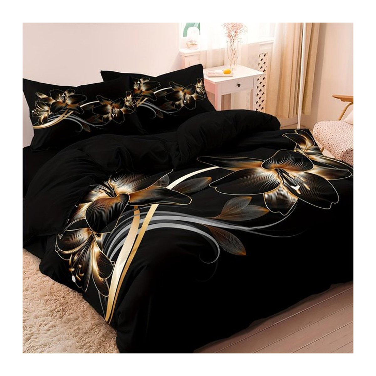 JMG Household Supplies Bettwäscheset mit schwarzem und goldenem Blumendruck, weicher Bettbezug mit Reißverschluss, King Size, B/H: 220 x 240 cm - Bild 1
