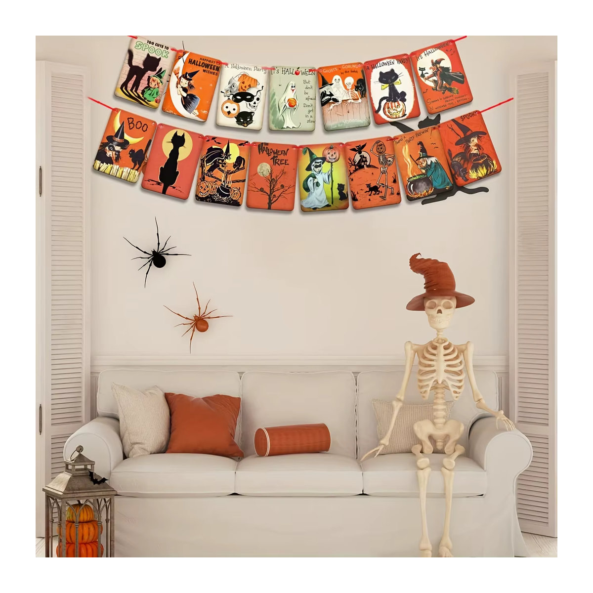 Johanna Parker Vintage Halloween Dekoration Mehrfarbige Papier Girlande mit Kürbis-Motiven und Süßes oder Saures Banner zum Aufhängen - Bild 5