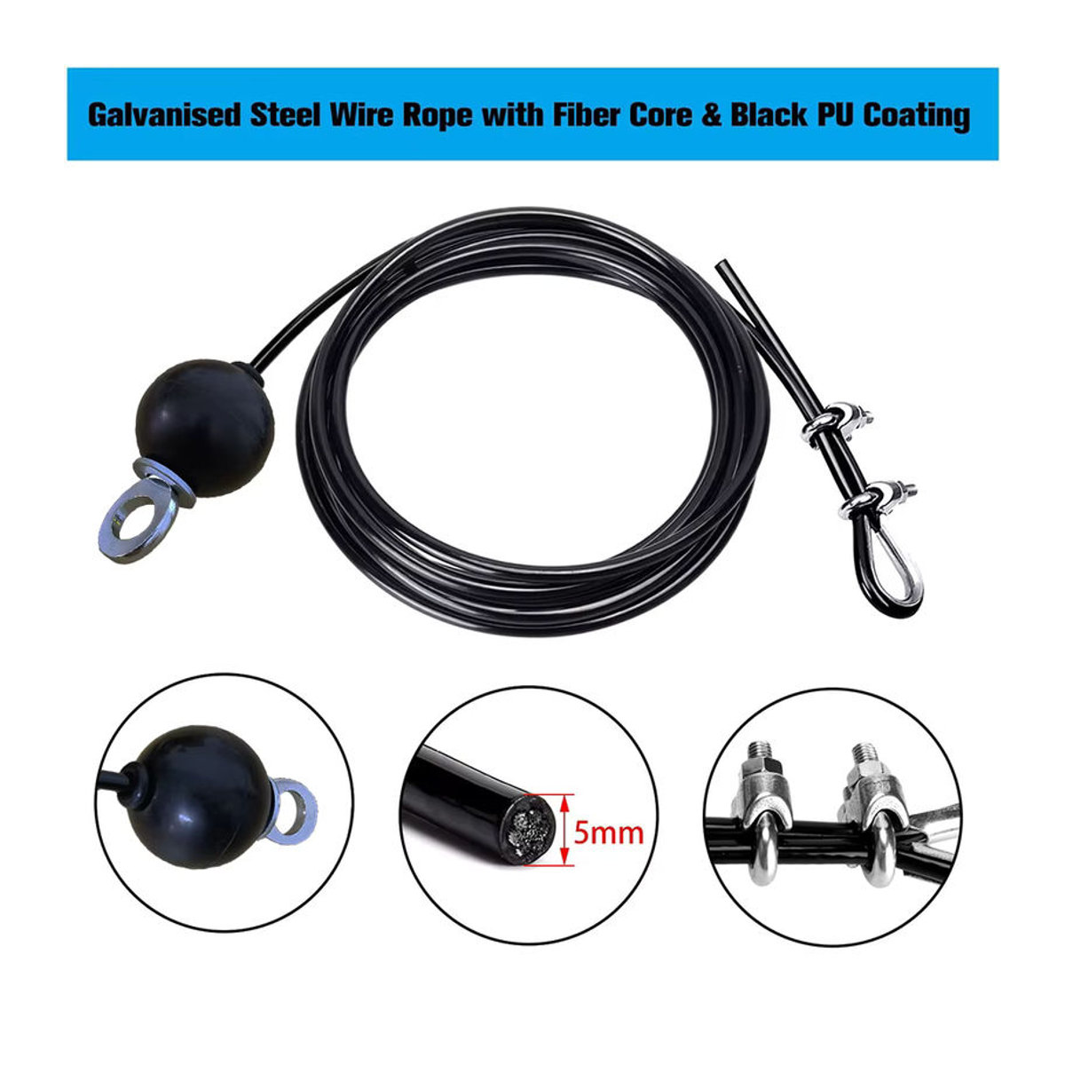 jojonice Heavy Duty Fitness Pulley Ersatzkabel aus Stahl, Schwarz, Dicke: 5 mm - Bild 2