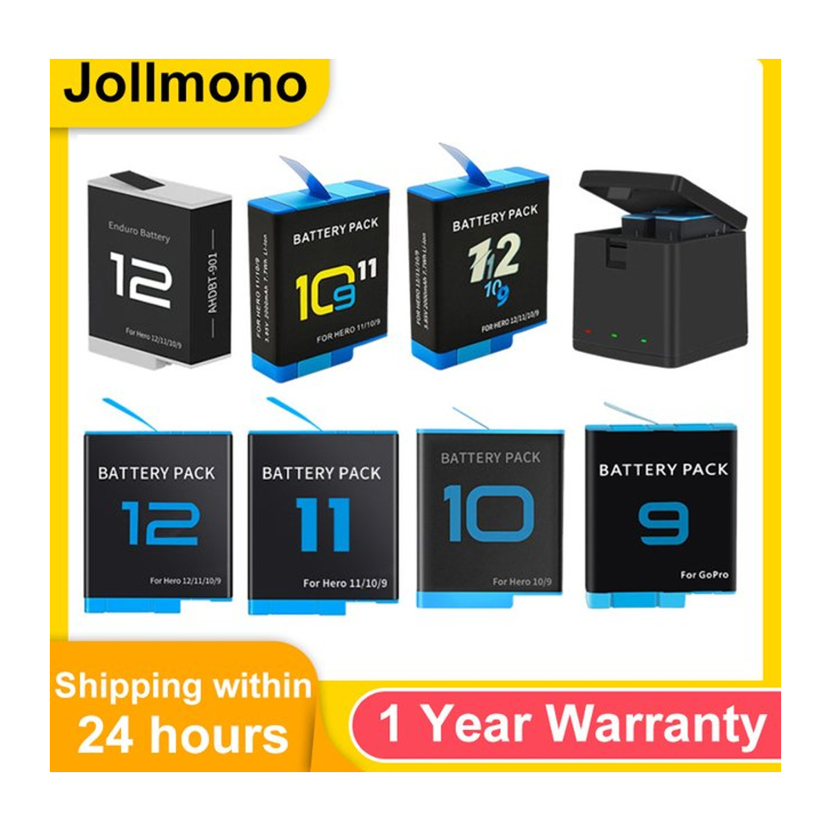Jollmono Akku-Set für GoPro Hero 12 11 10 9 mit 2000 mAh Akku, Schnellladegerät und TF-Karte in Schwarz - Bild 1