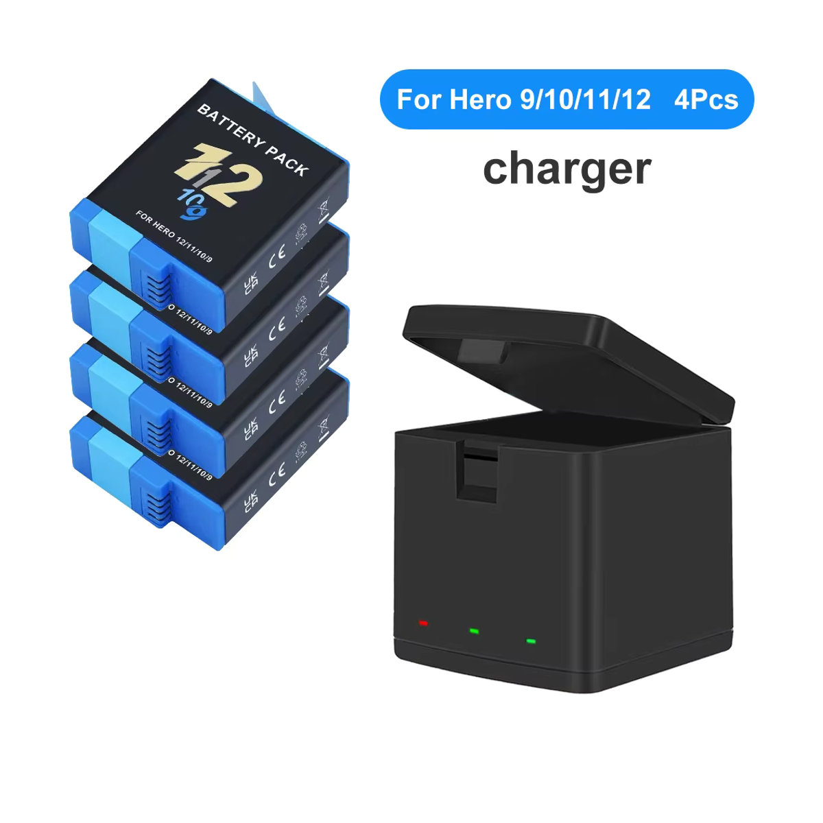 Jollmono Akku-Set für GoPro Hero 12 11 10 9 mit 2000 mAh Akku, Schnellladegerät und TF-Karte in Schwarz - Bild 2