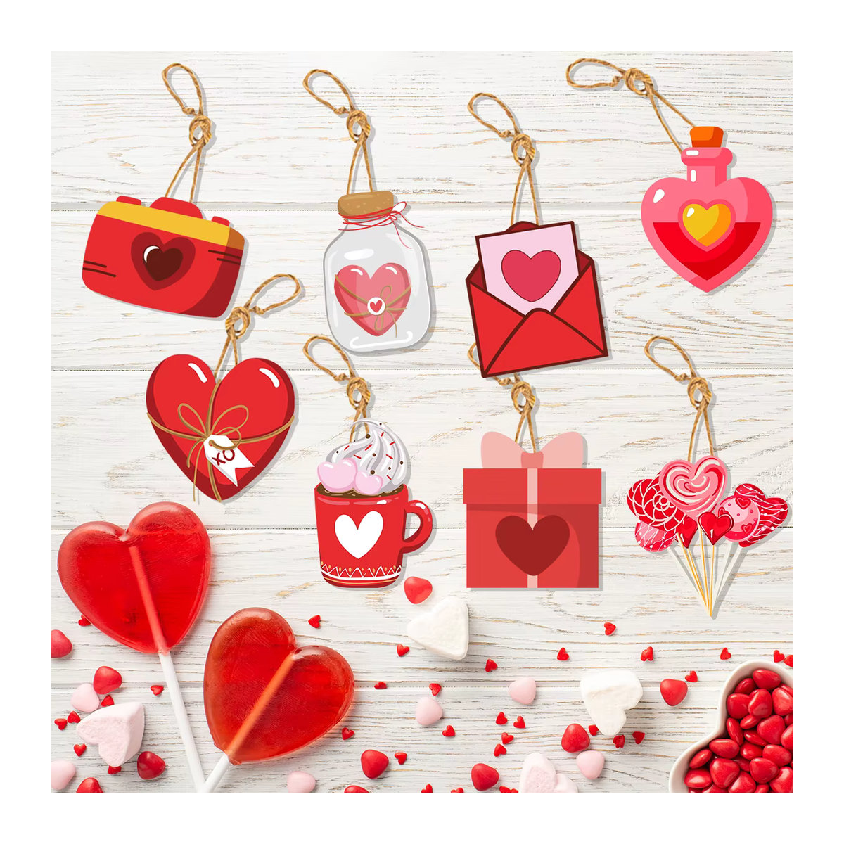 joy-enlife 8er Set Valentinstag Hängeornamente mit Herz-Zwergen in Rot aus Papier und Holz - Bild 4