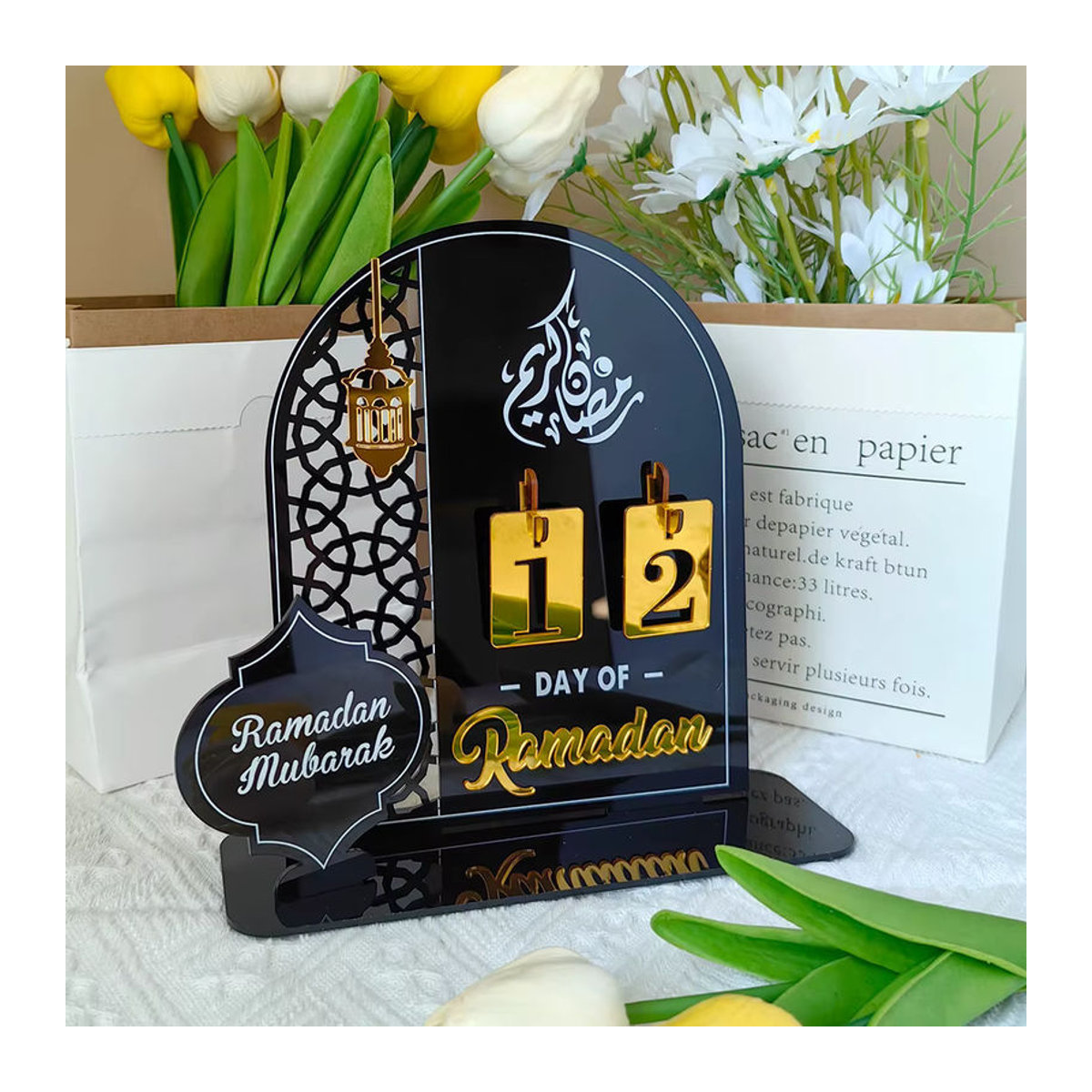 joy-enlife Acryl Ramadan Countdown Kalender mit Basis als Tischdekoration für Eid und Ramadan in Weiß und Schwarz - Bild 1
