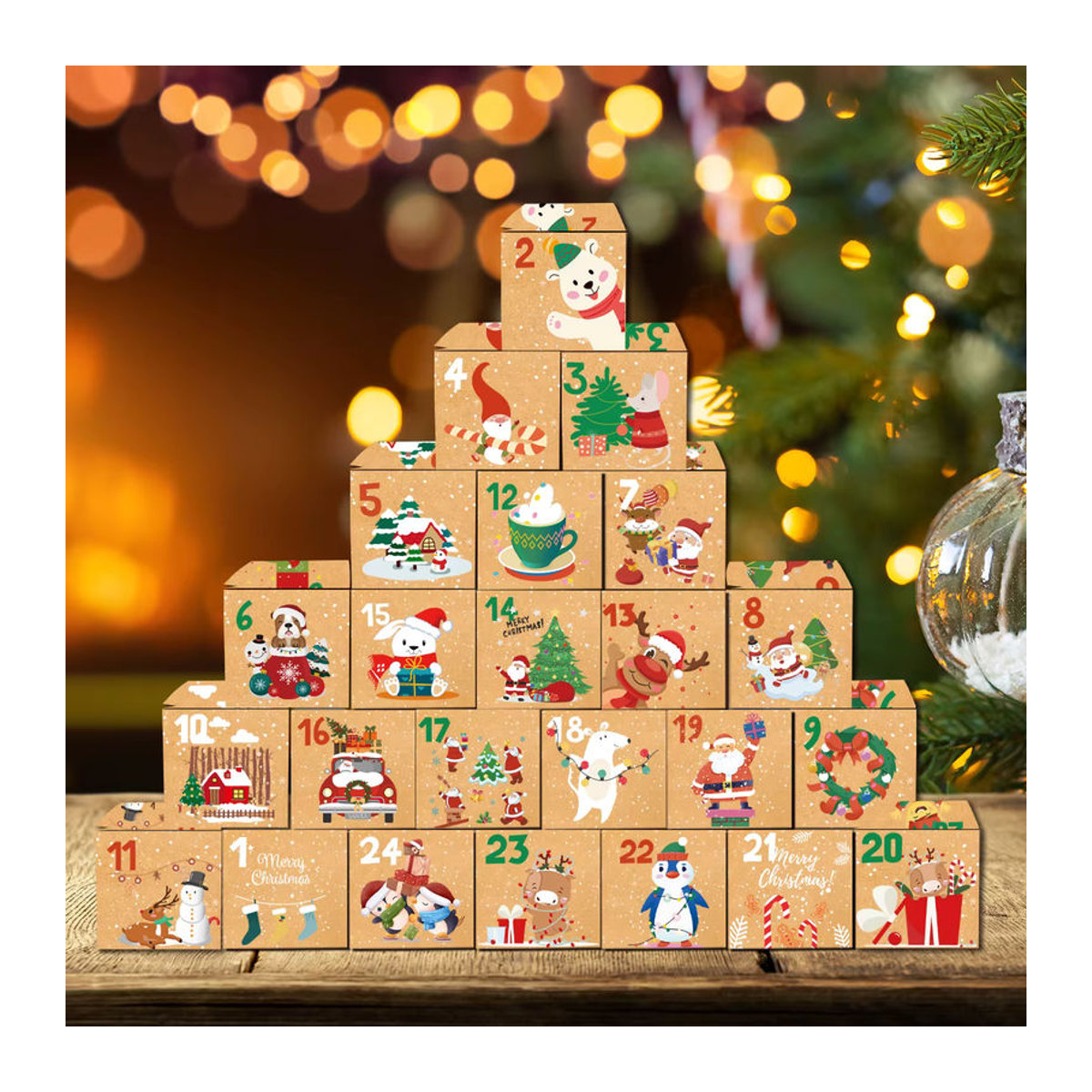 joy-enlife Adventskalender-Boxen aus Kraftpapier, 24 Stück Pralinenschachteln in Braun für Weihnachten und Advent - Bild 2