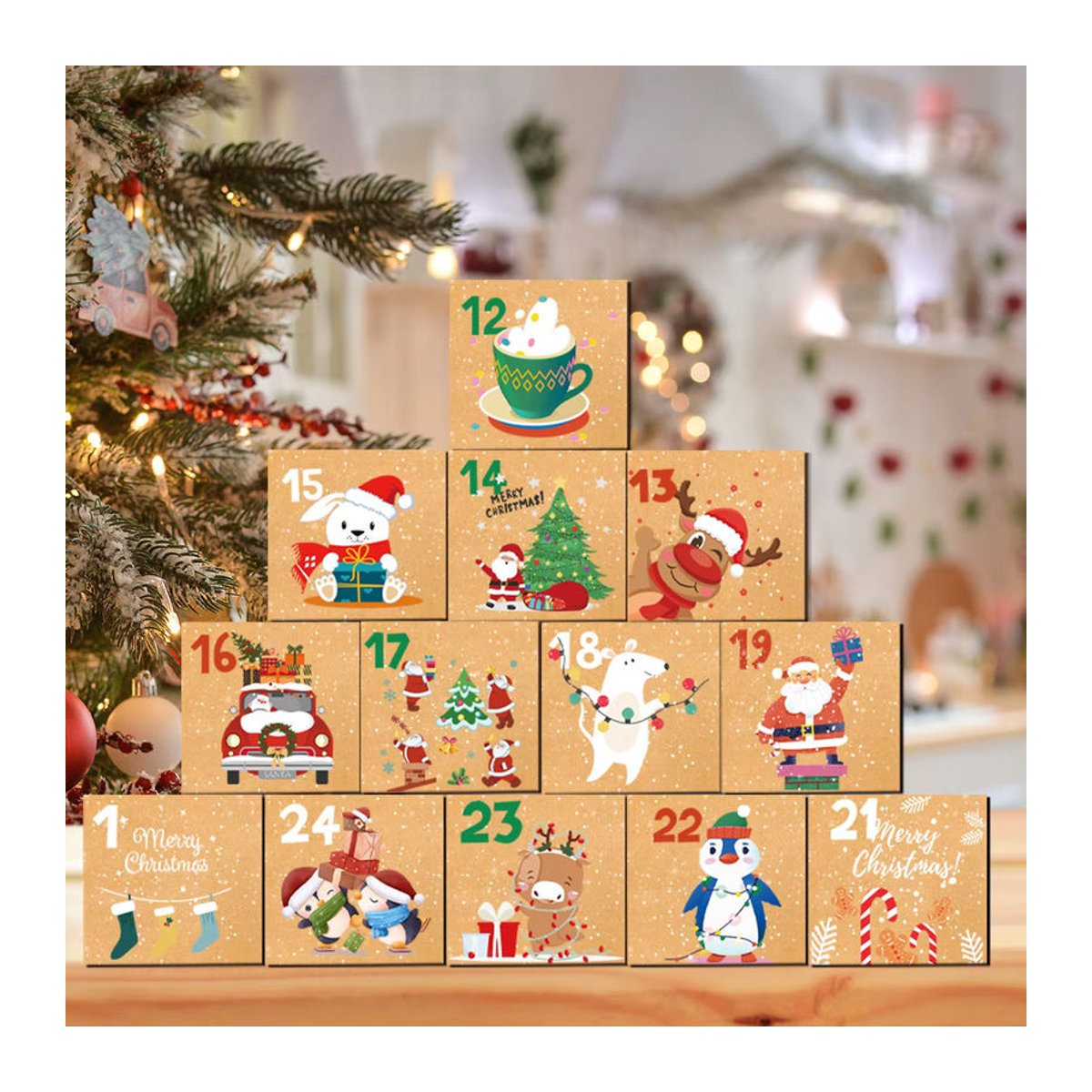 joy-enlife Adventskalender-Boxen aus Kraftpapier, 24 Stück Pralinenschachteln in Braun für Weihnachten und Advent - Bild 3