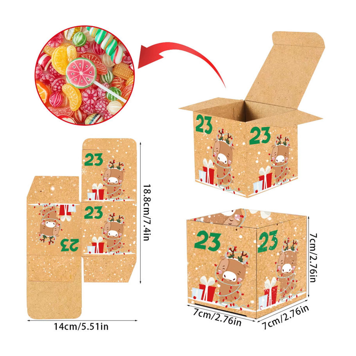 joy-enlife Adventskalender-Boxen aus Kraftpapier, 24 Stück Pralinenschachteln in Braun für Weihnachten und Advent - Bild 4