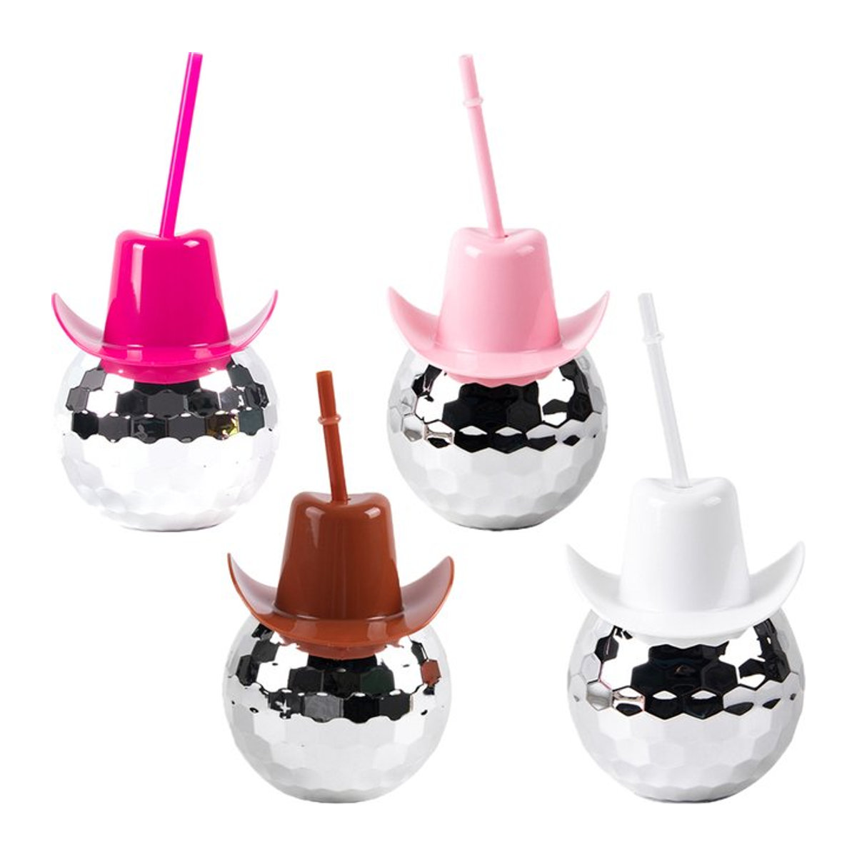 Joy-enlife Disco-Kugelbecher mit Cowboyhut-Deckeln und Strohhalmen, mehrfarbig, Kunststoff, Partyzubehör für Junggesellinnenabschiede und Retro-Partys - Bild 1