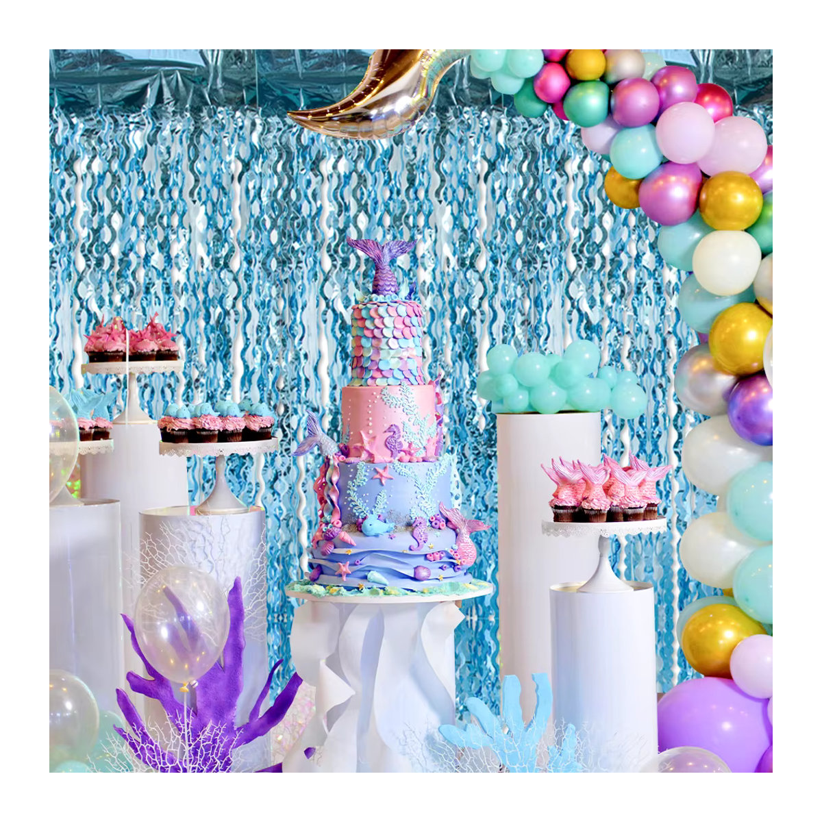 Joy-enlife Glitzer Lametta Vorhang in Hellblau mit Wellen-Optik für Party-Dekoration, Geburtstag, Hochzeit oder Baby Shower, Rechteckig, B: 200 cm, H: 100 cm - Bild 2