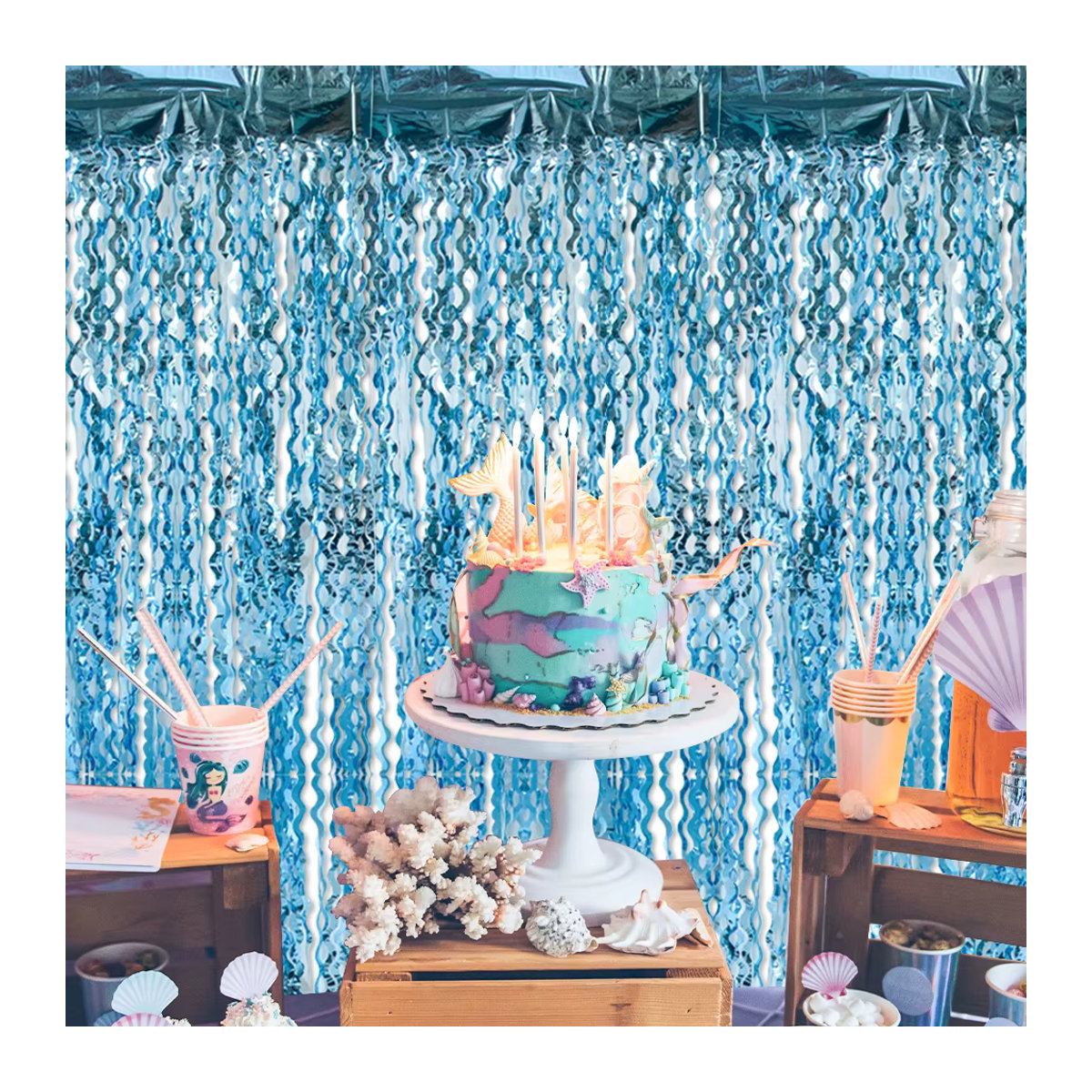 Joy-enlife Glitzer Lametta Vorhang in Hellblau mit Wellen-Optik für Party-Dekoration, Geburtstag, Hochzeit oder Baby Shower, Rechteckig, B: 200 cm, H: 100 cm - Bild 3