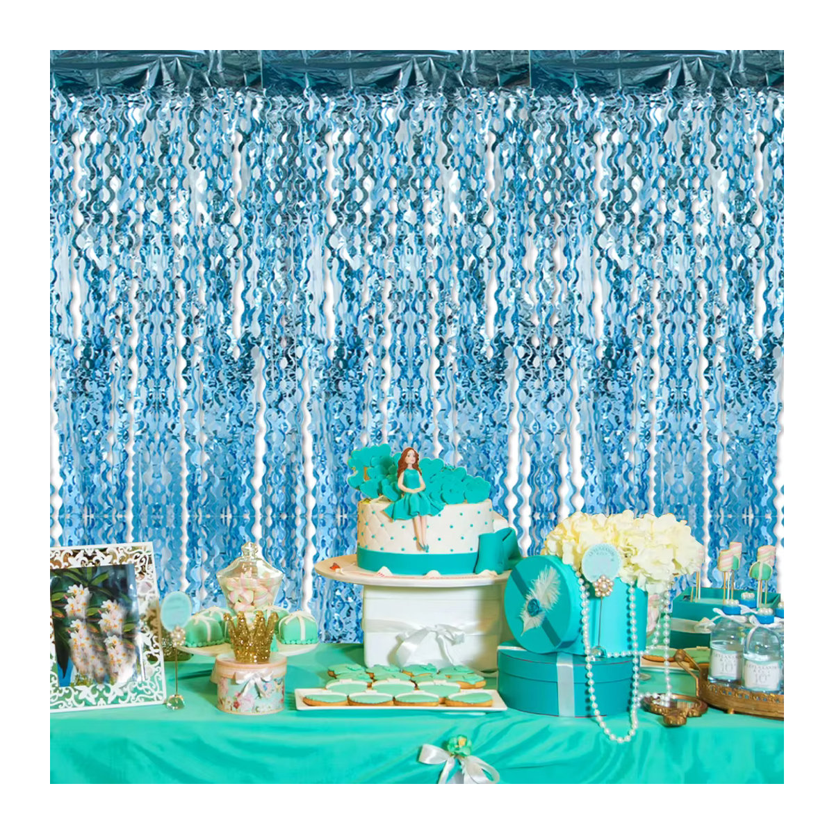 Joy-enlife Glitzer Lametta Vorhang in Hellblau mit Wellen-Optik für Party-Dekoration, Geburtstag, Hochzeit oder Baby Shower, Rechteckig, B: 200 cm, H: 100 cm - Bild 4