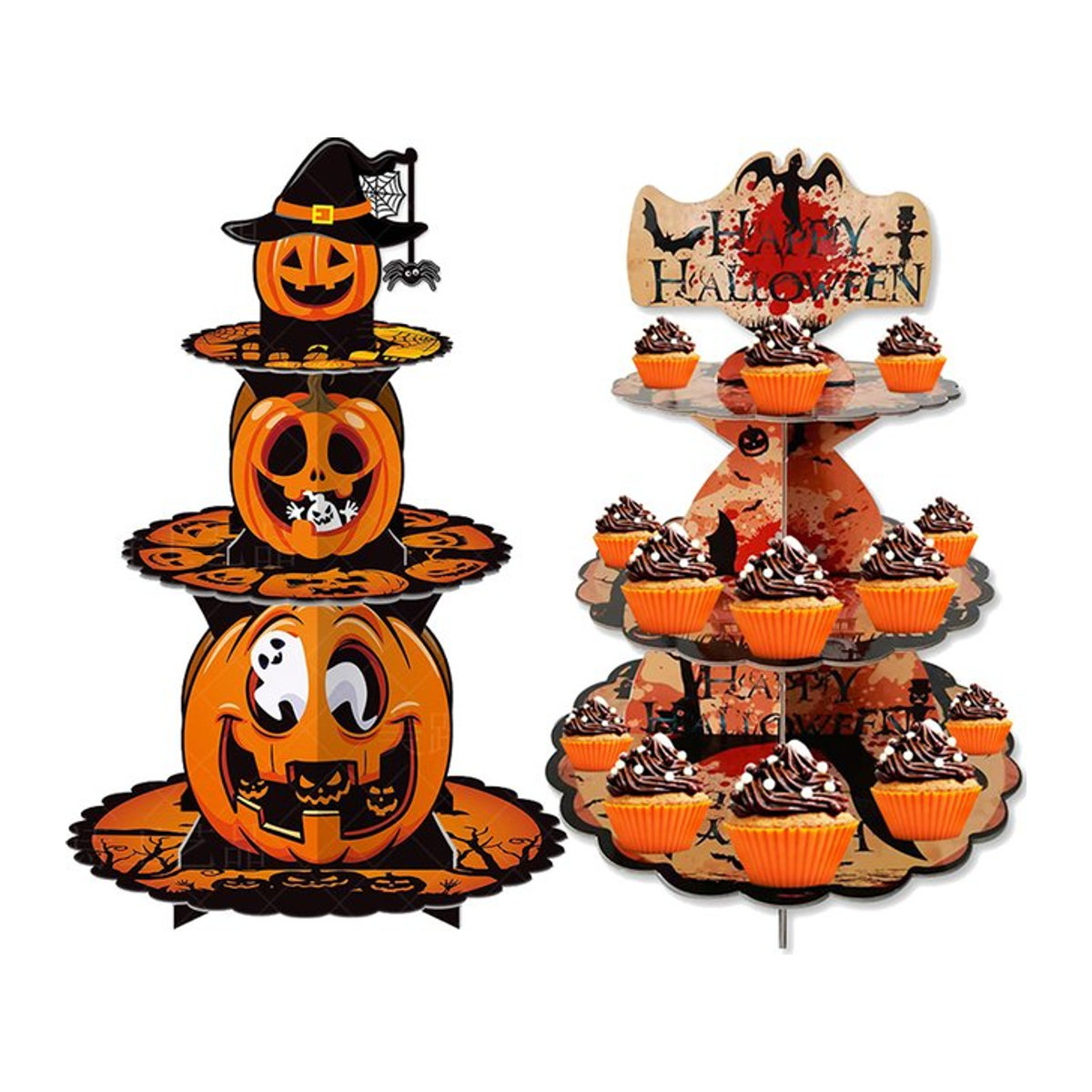 joy-enlife Halloween Cupcake-Ständer aus Pappe mit Kürbis, Fledermaus und Geister Muster in Orange, 3-stöckiges Dessert-Display für deine Party-Dekoration - Bild 1