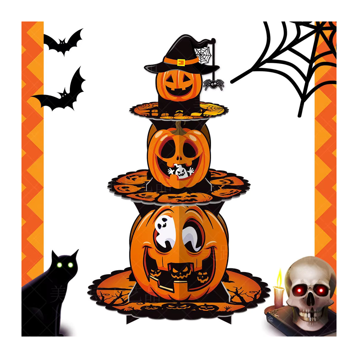 joy-enlife Halloween Cupcake-Ständer aus Pappe mit Kürbis, Fledermaus und Geister Muster in Orange, 3-stöckiges Dessert-Display für deine Party-Dekoration - Bild 2