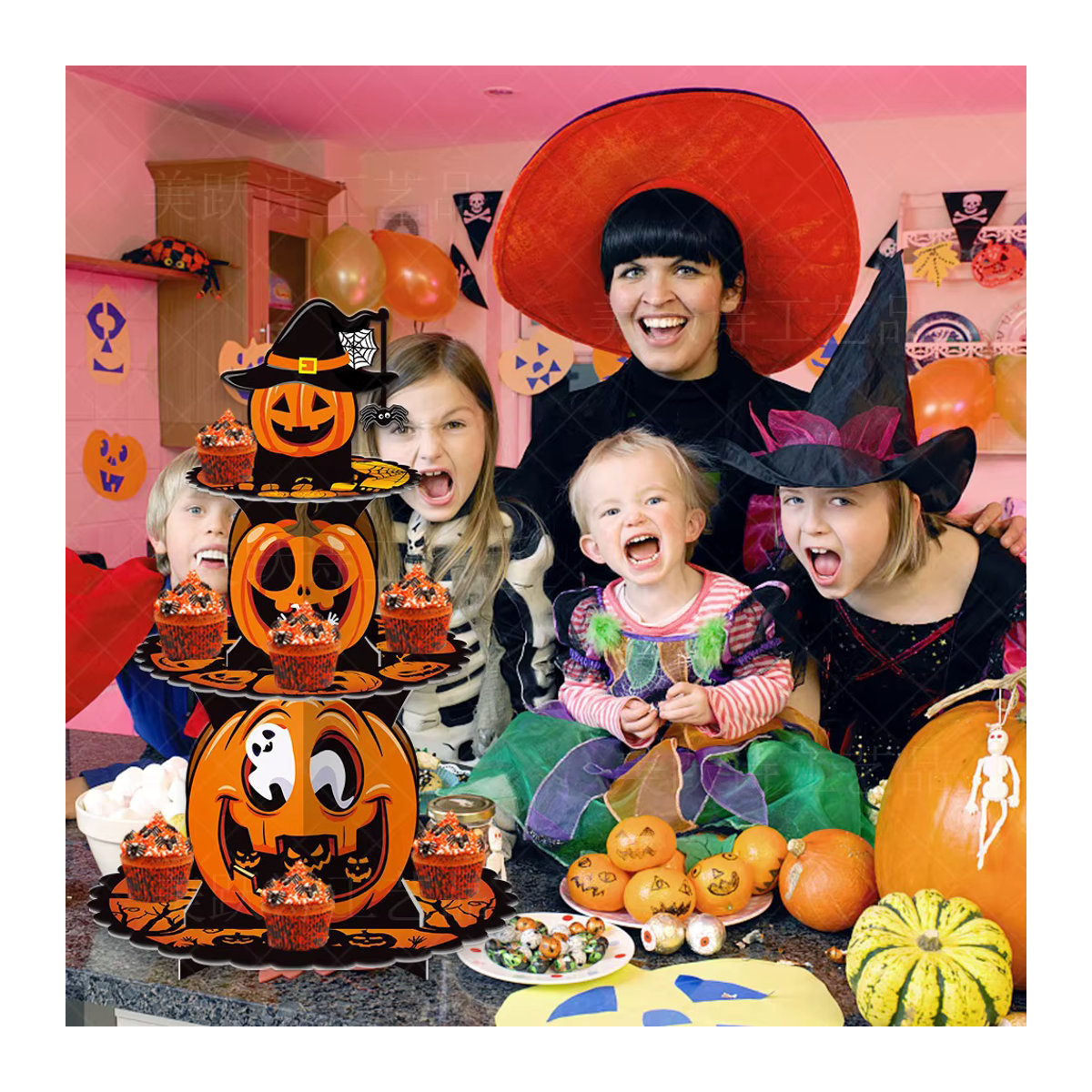 joy-enlife Halloween Cupcake-Ständer aus Pappe mit Kürbis, Fledermaus und Geister Muster in Orange, 3-stöckiges Dessert-Display für deine Party-Dekoration - Bild 3