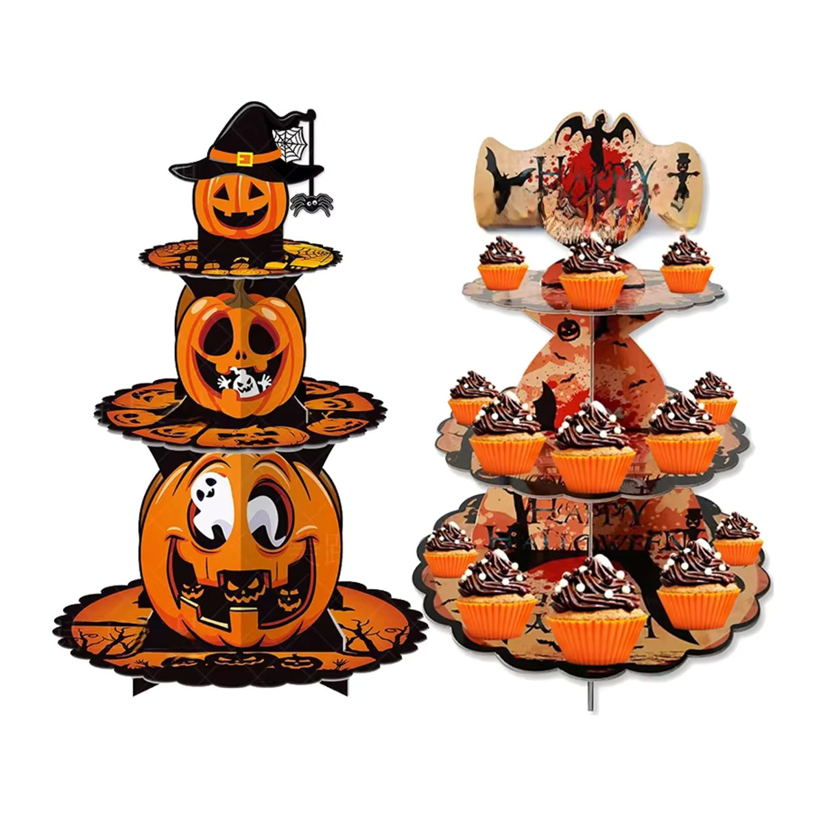 joy-enlife Halloween Cupcake-Ständer aus Pappe mit Kürbis, Fledermaus und Geister Muster in Orange, 3-stöckiges Dessert-Display für deine Party-Dekoration - Bild 6
