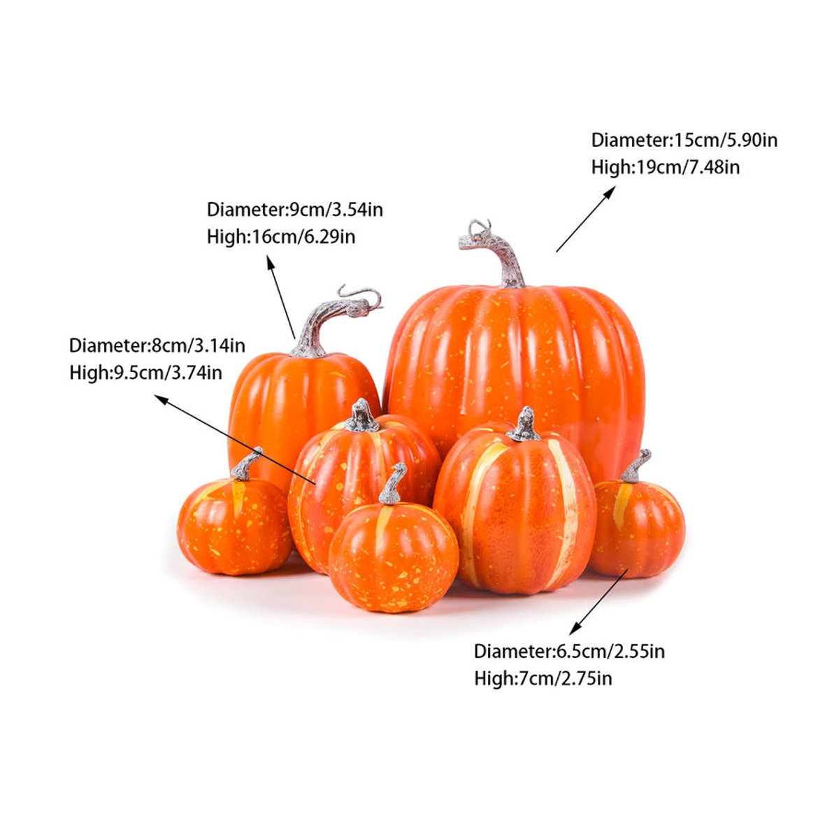 joy-enlife Halloween Deko Set mit 7 künstlichen Kürbissen in Orange und Schwarz aus Kunststoff für Herbst und Thanksgiving - Bild 2