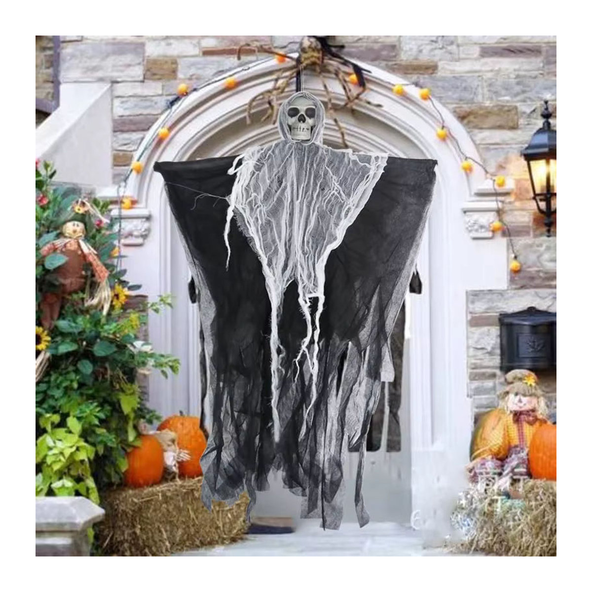 joy-enlife Halloween Dekoration Hängende Schädel Skelett und Geist Ornamente aus Textil in Schwarz - Bild 2