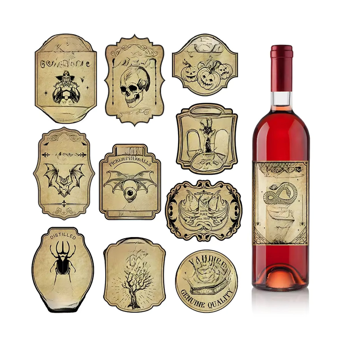 Joy-enlife Halloween Weinflaschen Aufkleber Set mit Retro Horror Gothic Design in Beige und Mehrfarbig - Bild 3