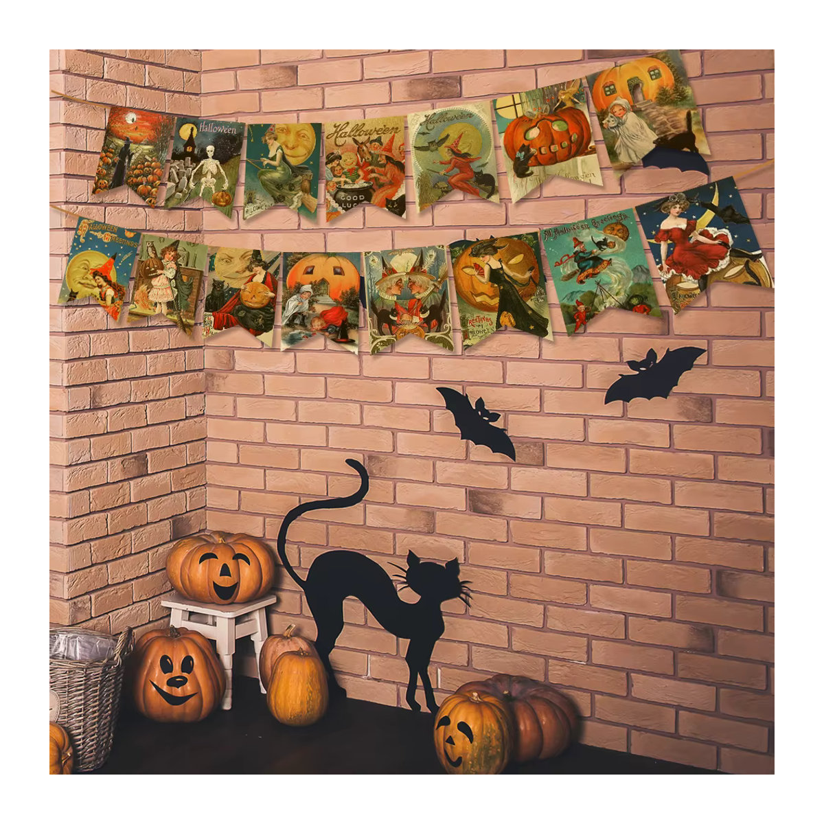 Joy-enlife Halloween Wimpelgirlande aus Papier mit Kürbis und Skelett im Vintage-Stil, mehrfarbig hängende Partydekoration - Bild 2