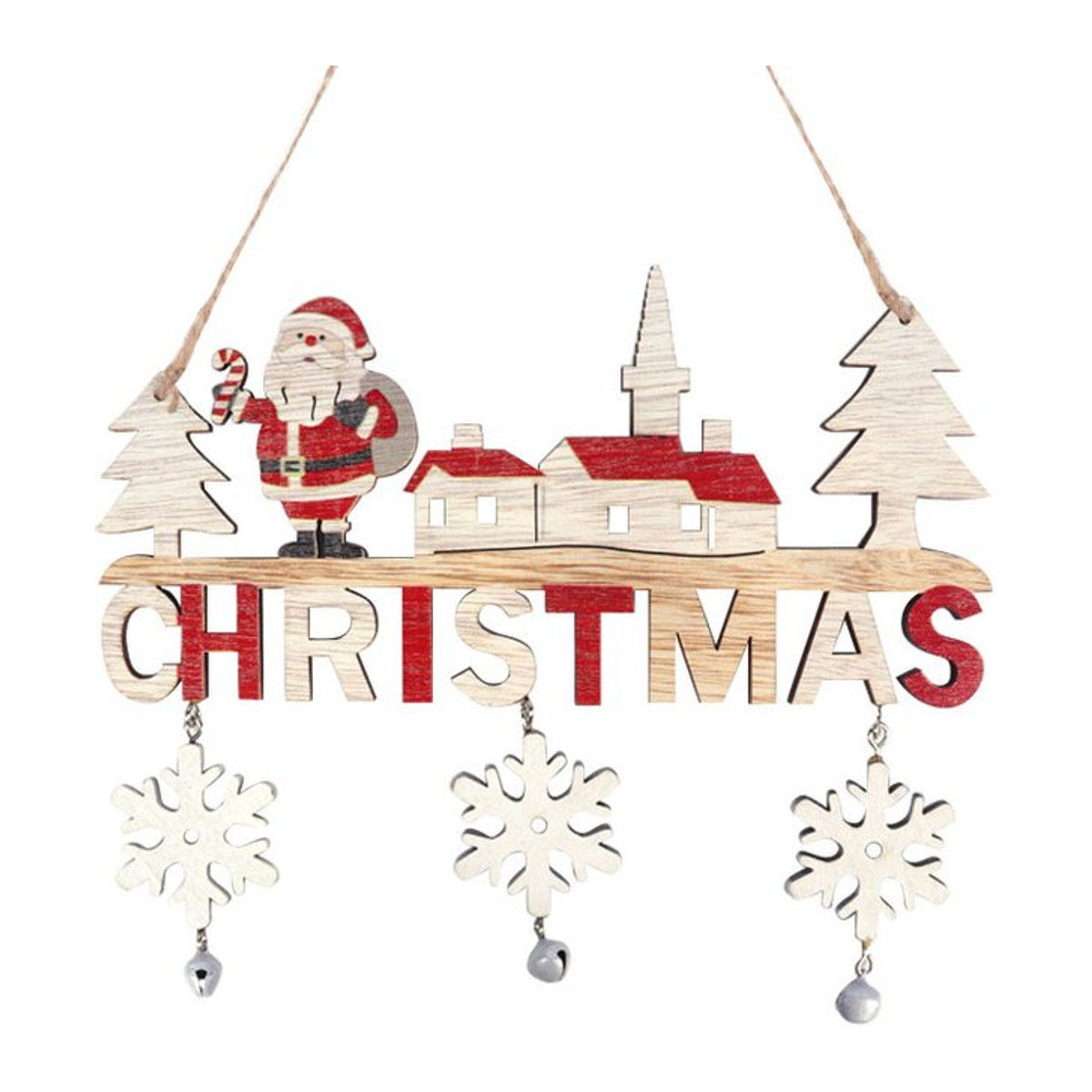 joy-enlife Hängeornament aus Holz mit Weihnachtsmann und Schneeflocke in mehrfarbigem Landhaus-Design - Bild 1
