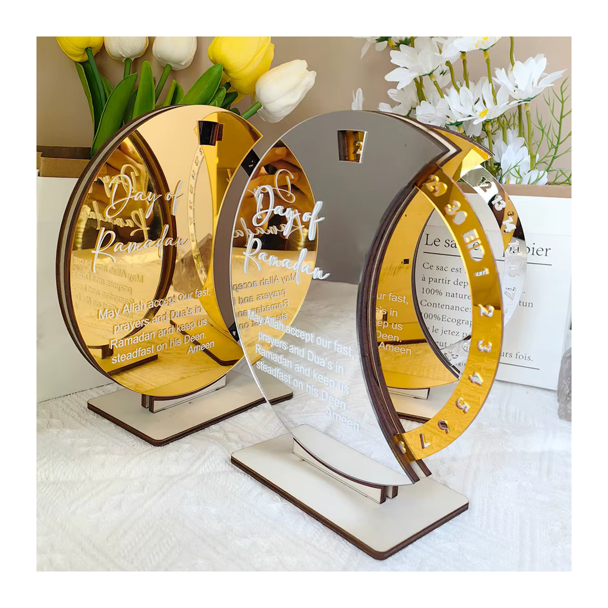 Joy-enlife Ramadan Countdown Kalender als drehbares Tisch-Ornament in Silber, Schwarz und Gold aus Metall - Bild 3