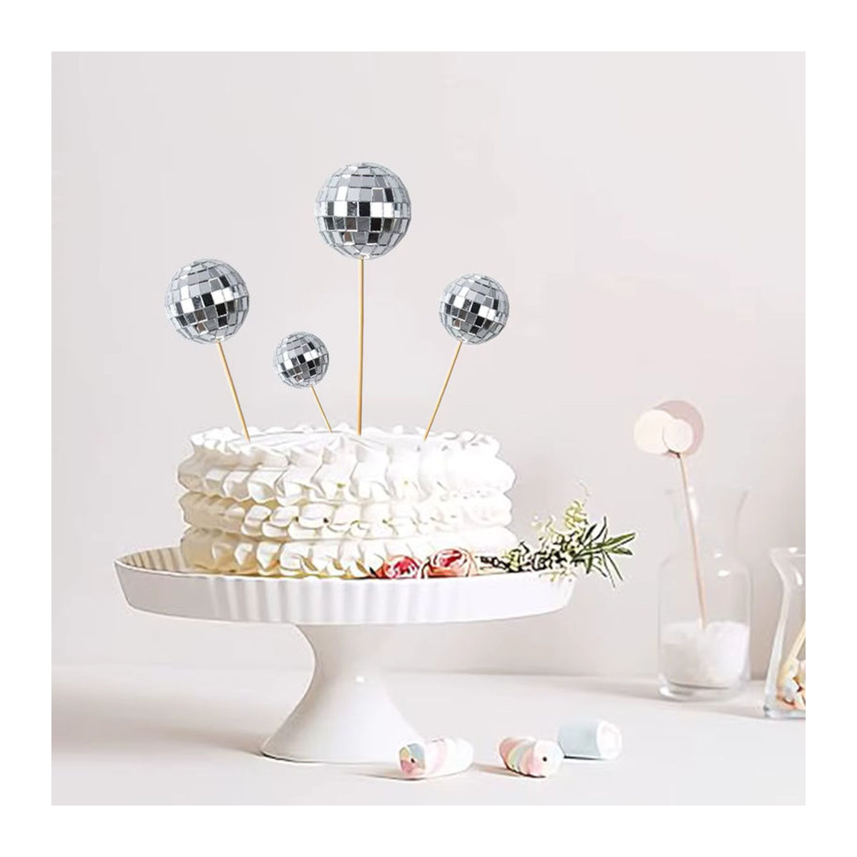 joy-enlife Spiegelkugel-Kuchenaufsätze aus Glas in Silber, 10 Stück, runde Disco-Kuchendekoration für Retro-Partys und Geburtstage, Durchmesser: 2,5 cm - Bild 3